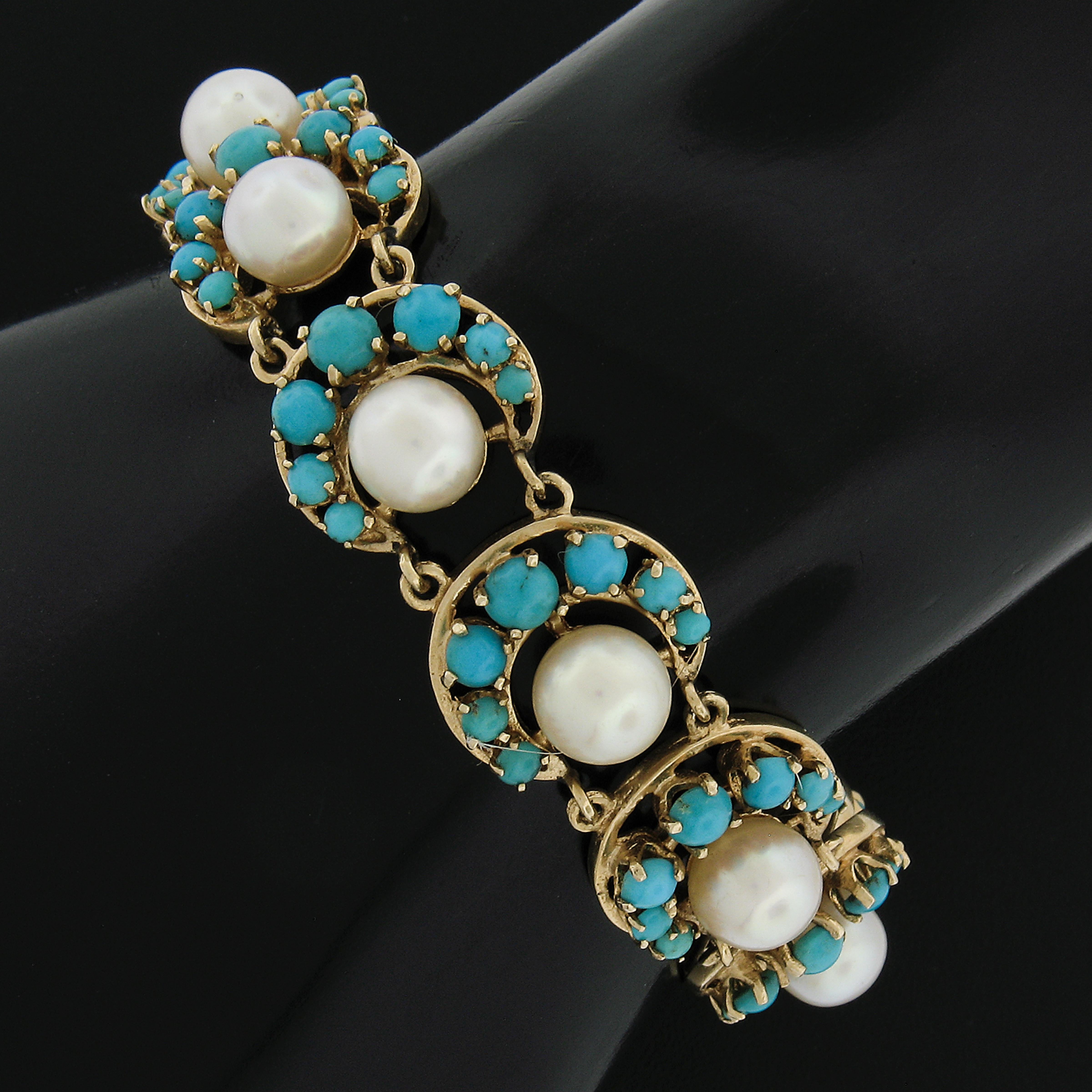 Round Cut Vintage 14K Yellow Gold Pearls & Turquoise Horseshoe or Crescent Link Bracelet For Sale