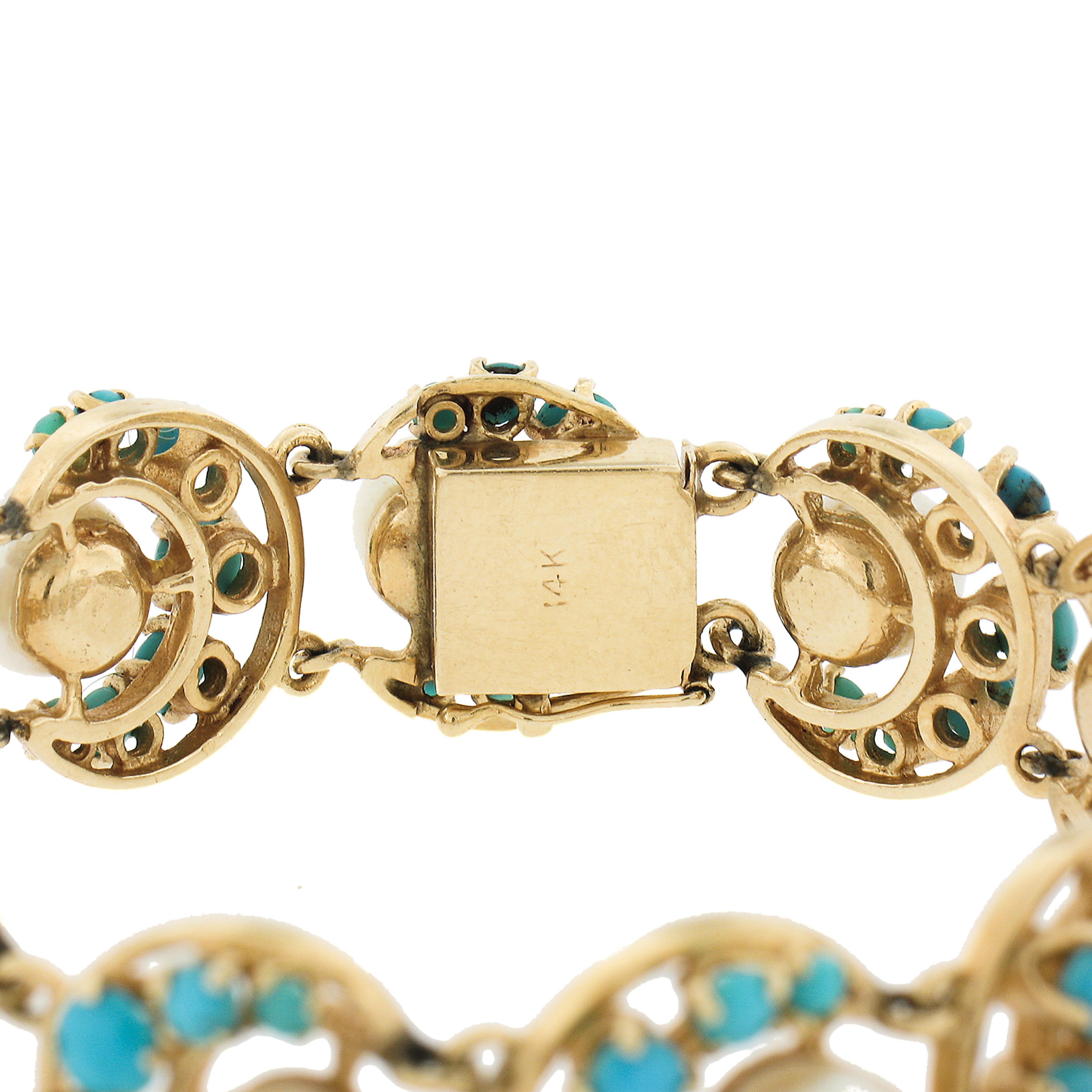 Vintage 14K Yellow Gold Pearls & Turquoise Horseshoe or Crescent Link Bracelet In Excellent Condition For Sale In Montclair, NJ