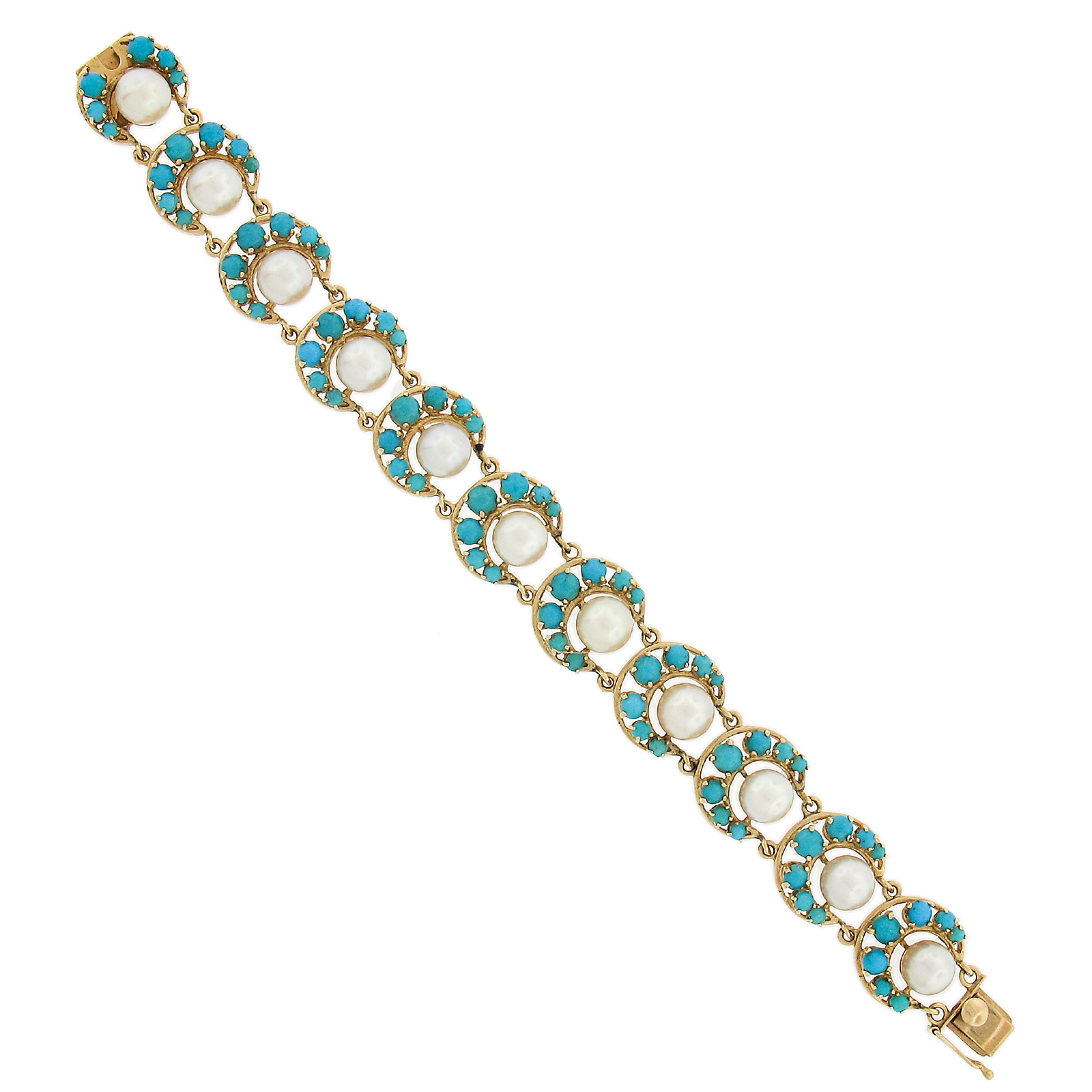 Women's Vintage 14K Yellow Gold Pearls & Turquoise Horseshoe or Crescent Link Bracelet For Sale
