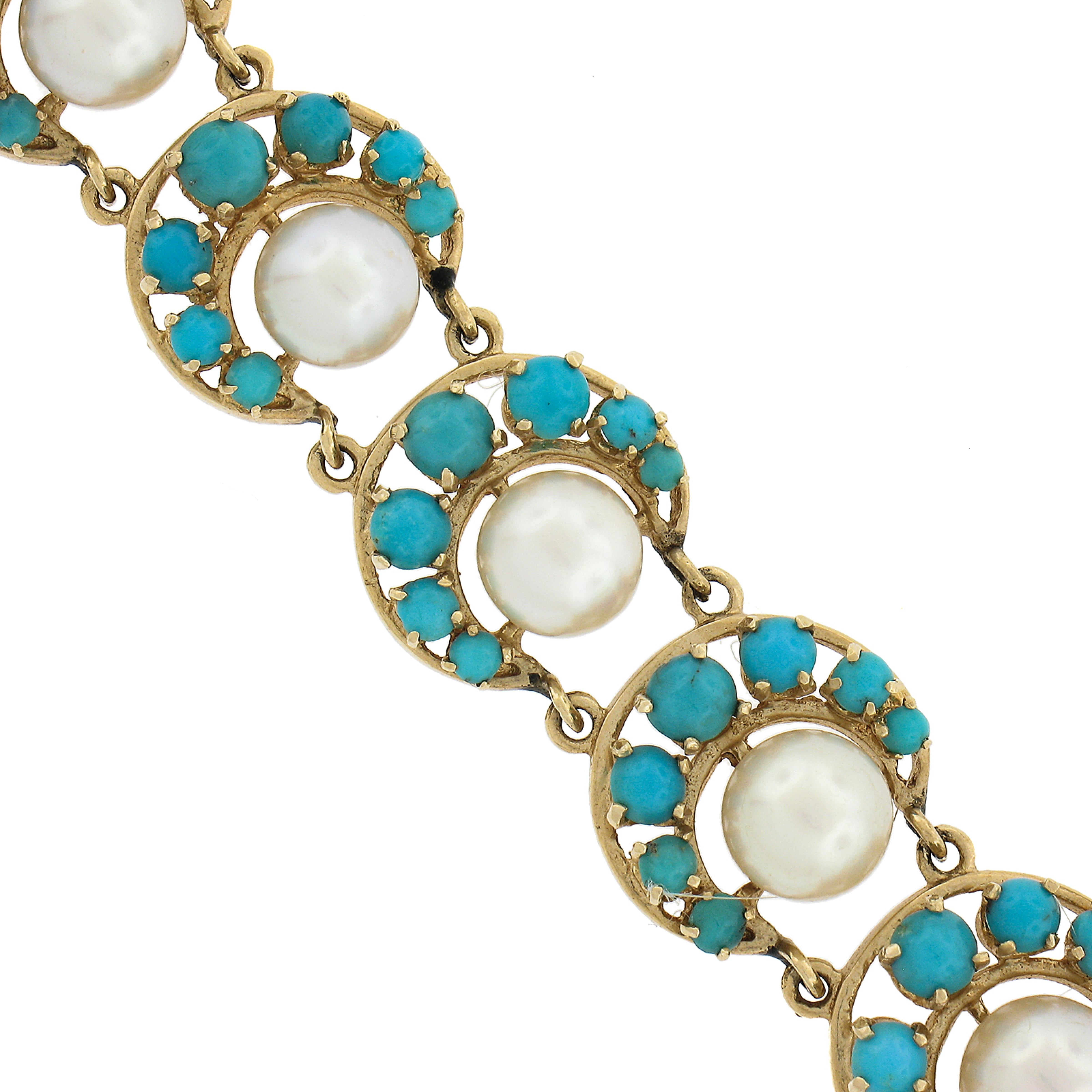 Vintage 14K Yellow Gold Pearls & Turquoise Horseshoe or Crescent Link Bracelet For Sale 1