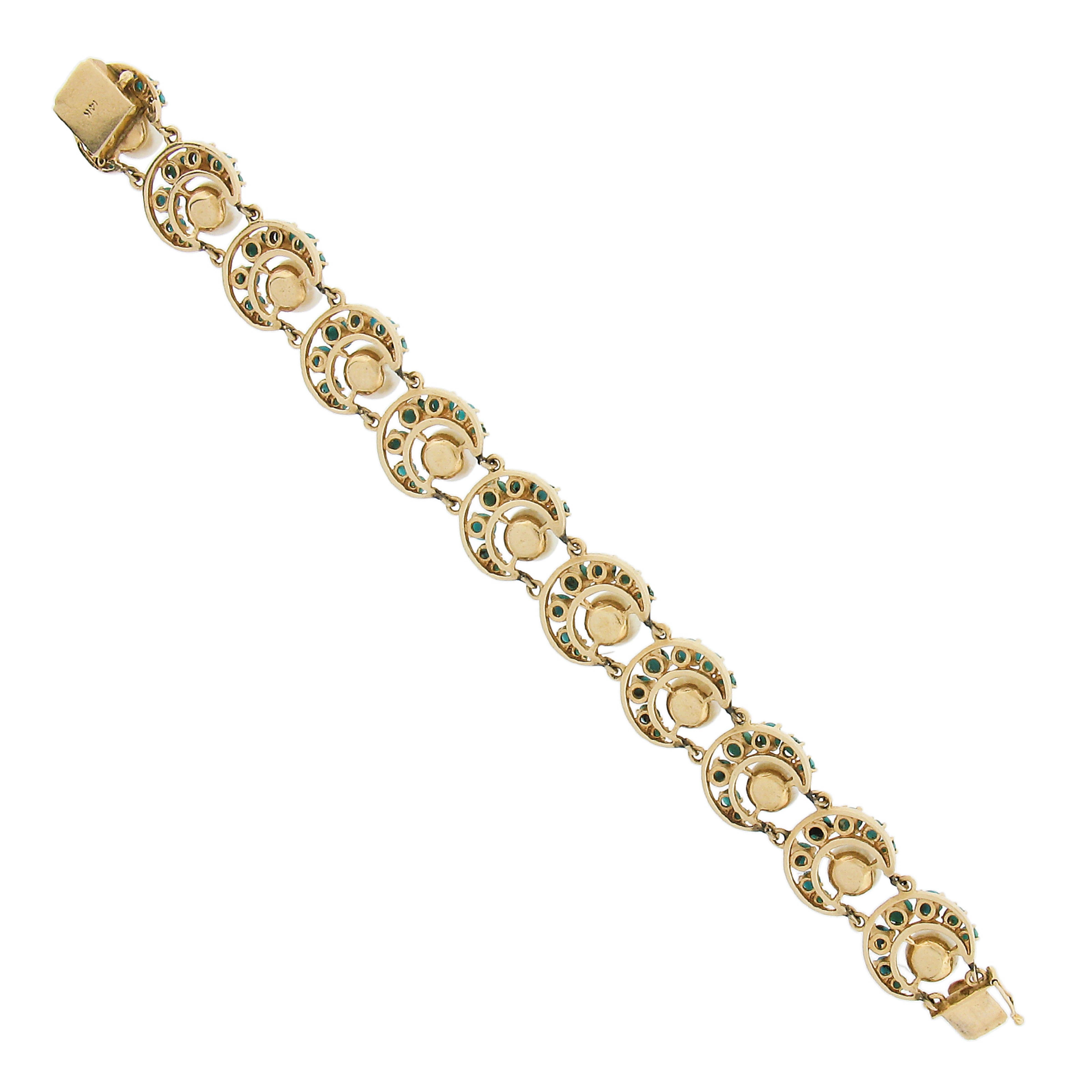 Bracelet à maillons vintage fer à cheval ou croissant en or jaune 14 carats, perles et turquoise en vente 2