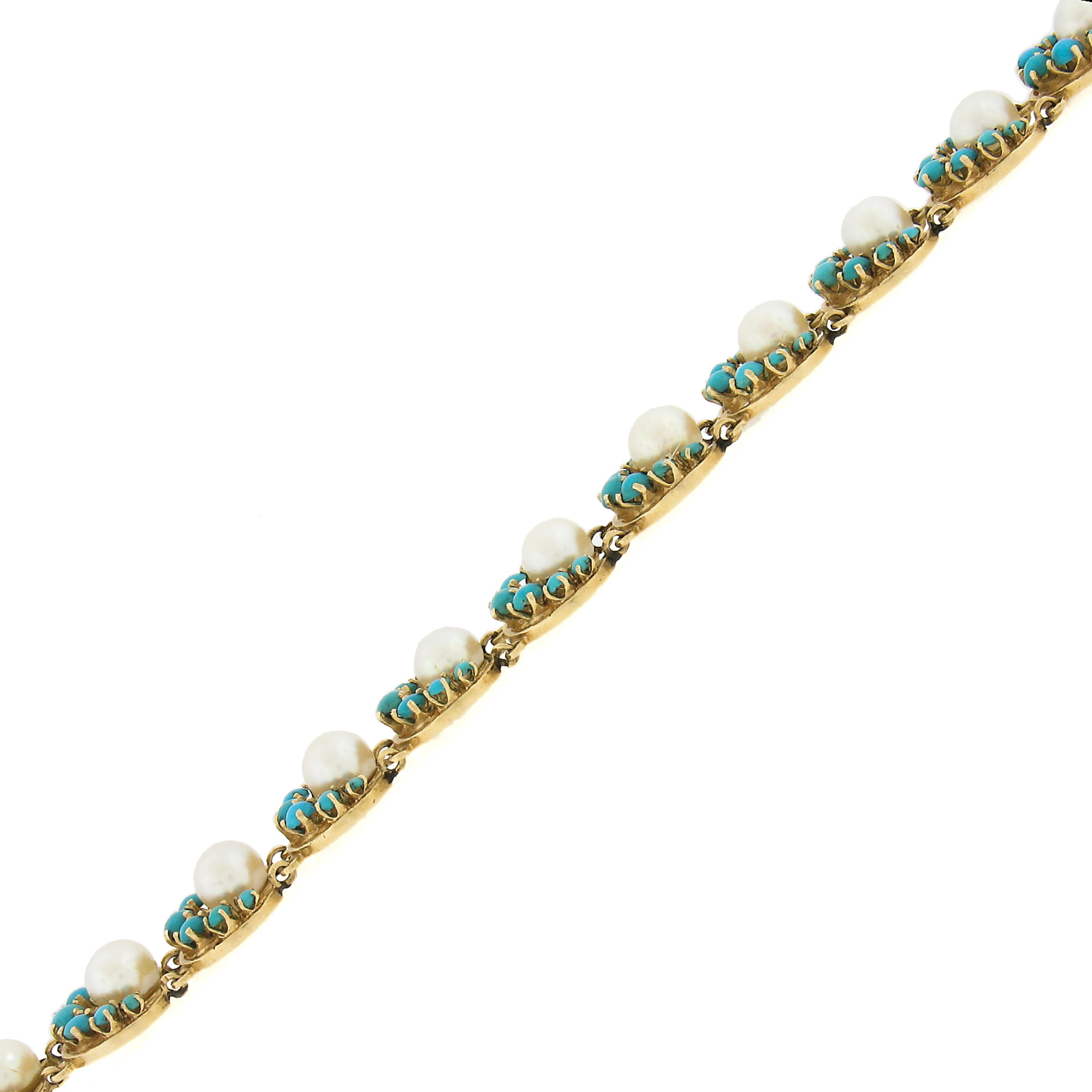 Vintage 14K Yellow Gold Pearls & Turquoise Horseshoe or Crescent Link Bracelet For Sale 3
