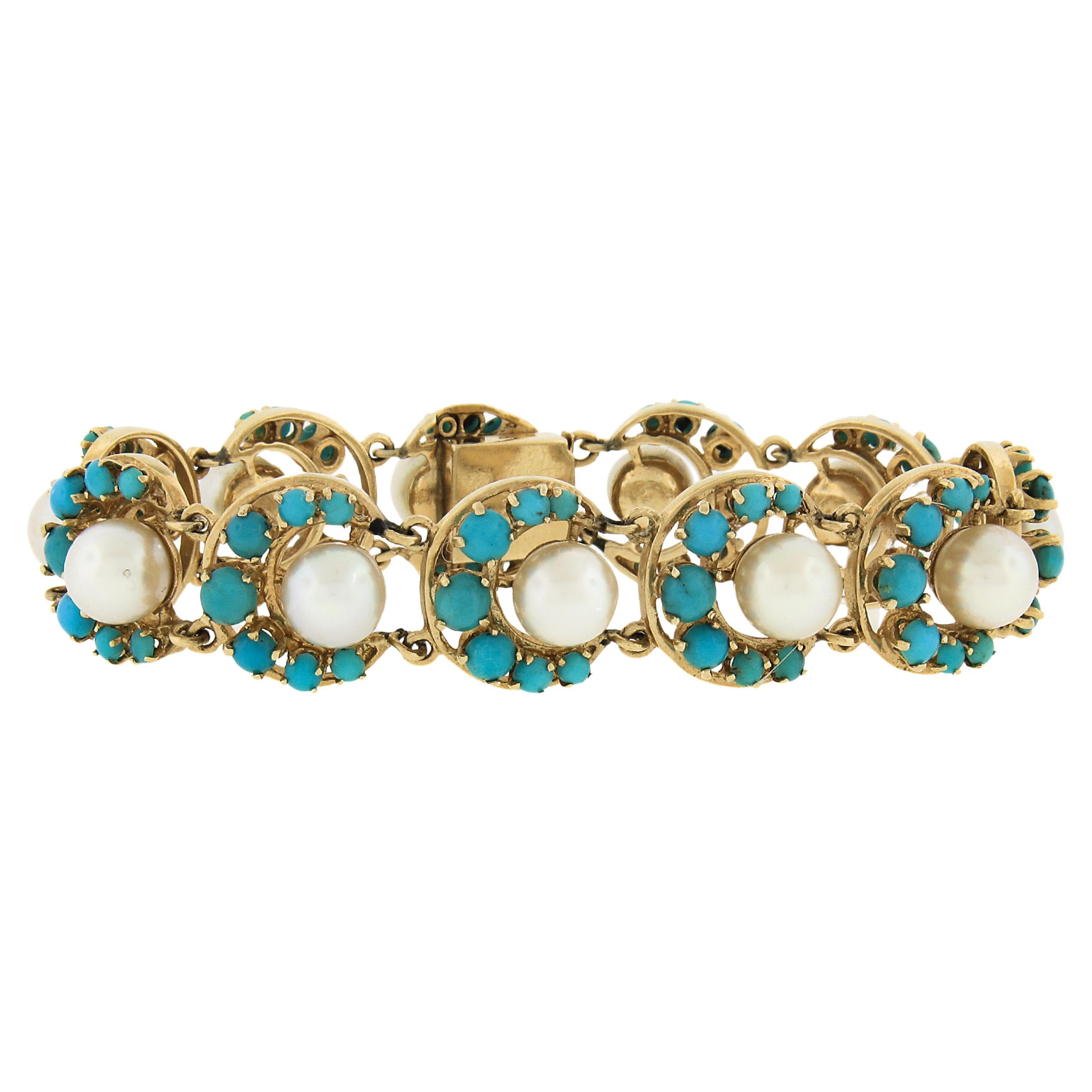 Vintage 14K Yellow Gold Pearls & Turquoise Horseshoe or Crescent Link Bracelet For Sale