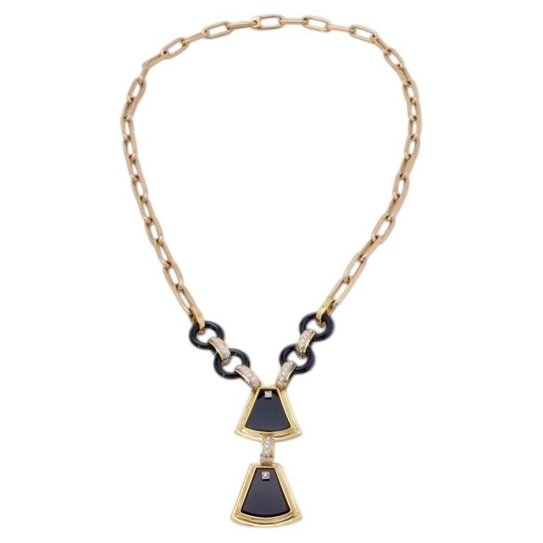 Vintage 14K Yellow Gold Pendant Necklace with 0.8 Carat Round Diamonds Onyx