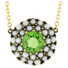 Vintage 14k Yellow Gold Peridot 
Dual Halo Pearl Halo Pendant Chain Necklace