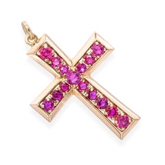 Vintage 14k Yellow Gold Pink Sapphire Cross Pendant