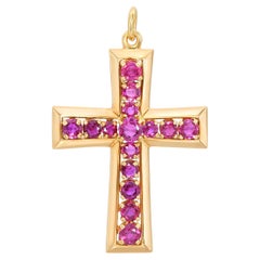 Vintage 14k Yellow Gold Pink Sapphire Cross Pendant
