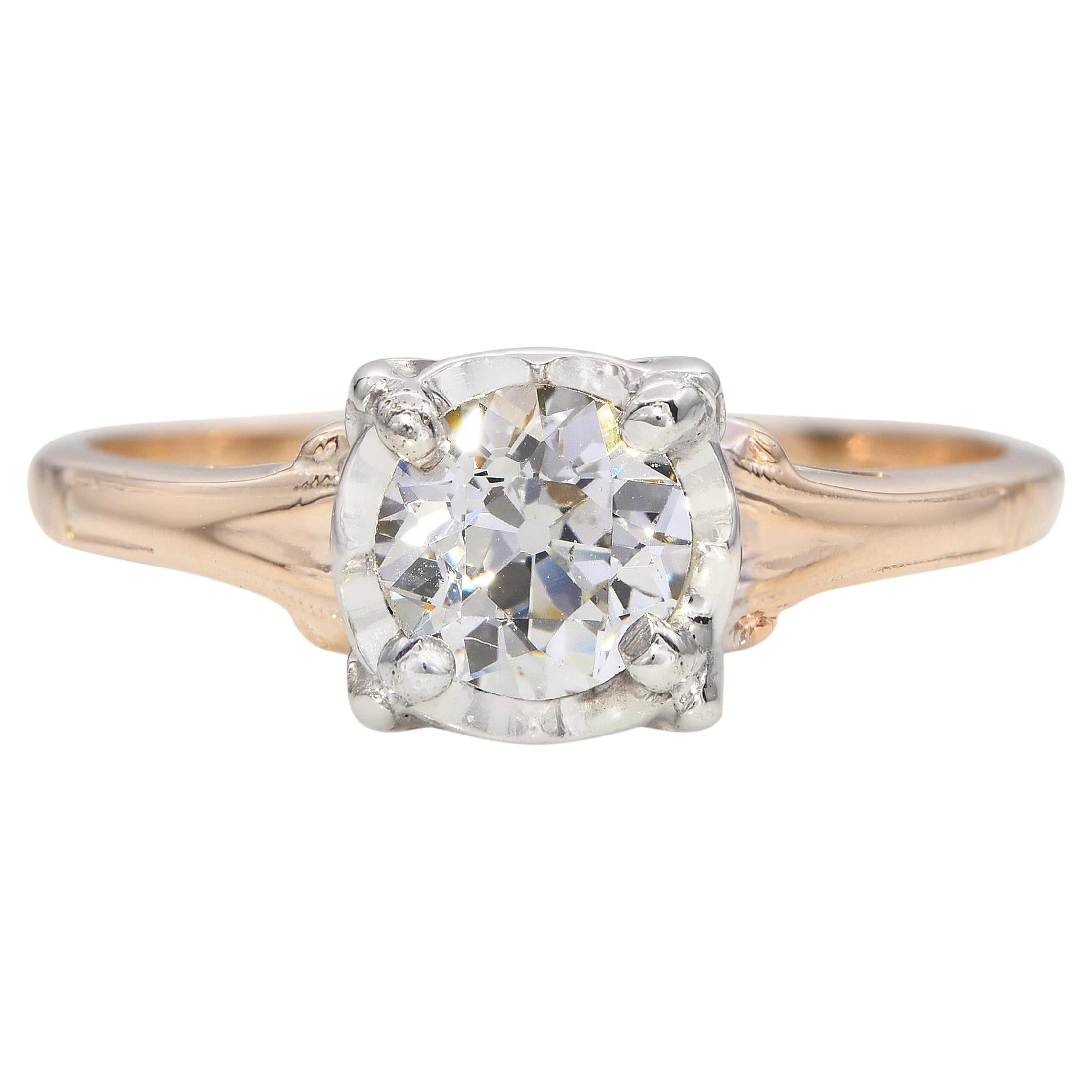 Bague vintage en or jaune 14k et platine 0.55ct Old Euro Cut Diamond Ring