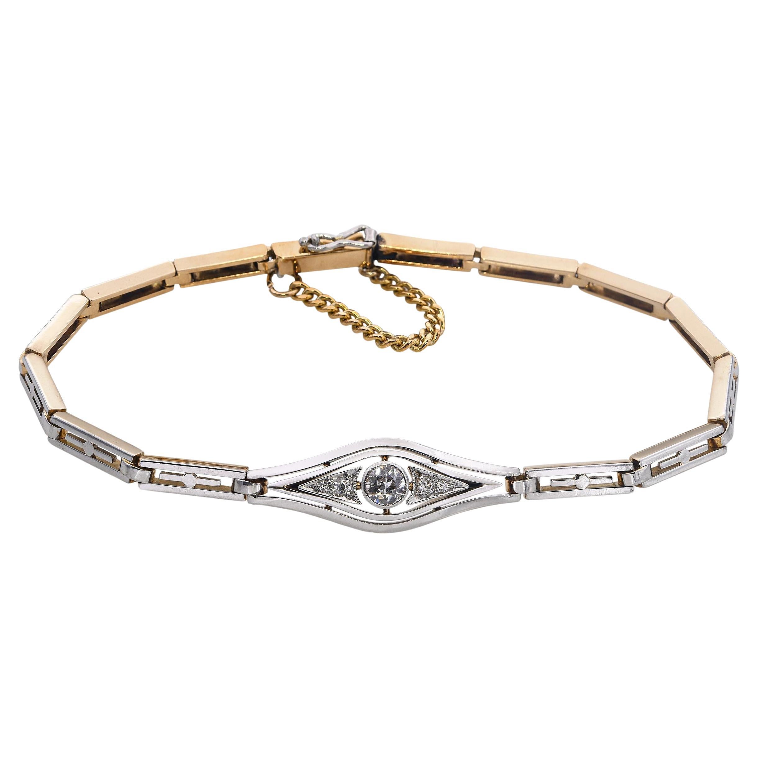 Vintage 14k Yellow Gold
Platinum Old Euro Diamond Bracelet