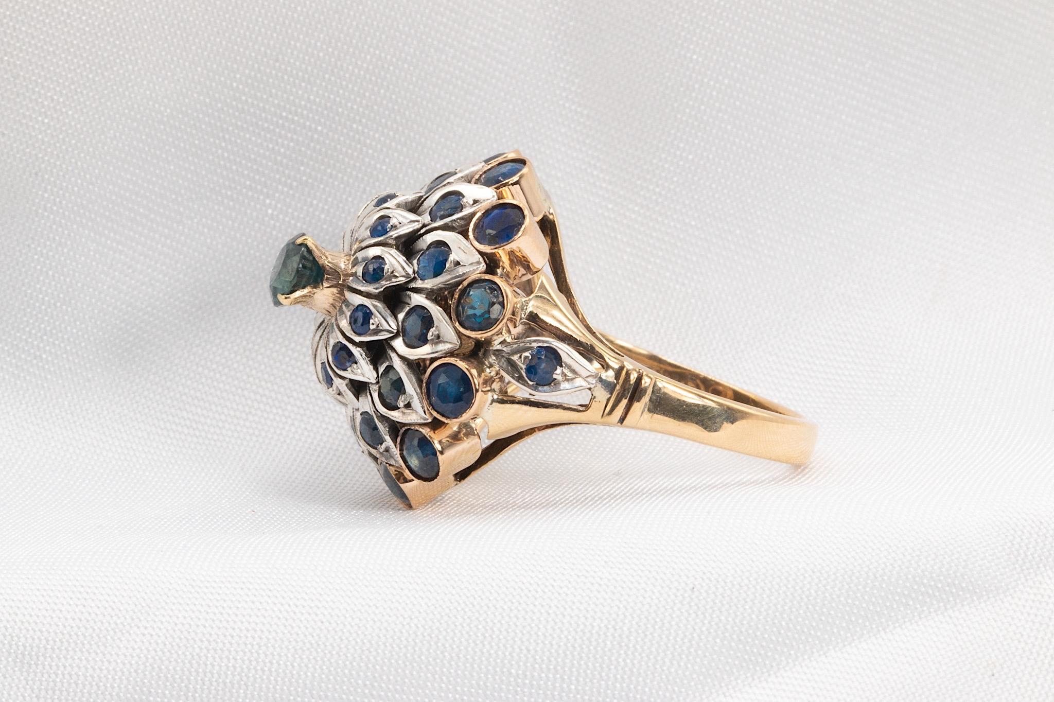 Bague vintage en or jaune 14 carats et platine saphir Bon état - En vente à Houston, TX