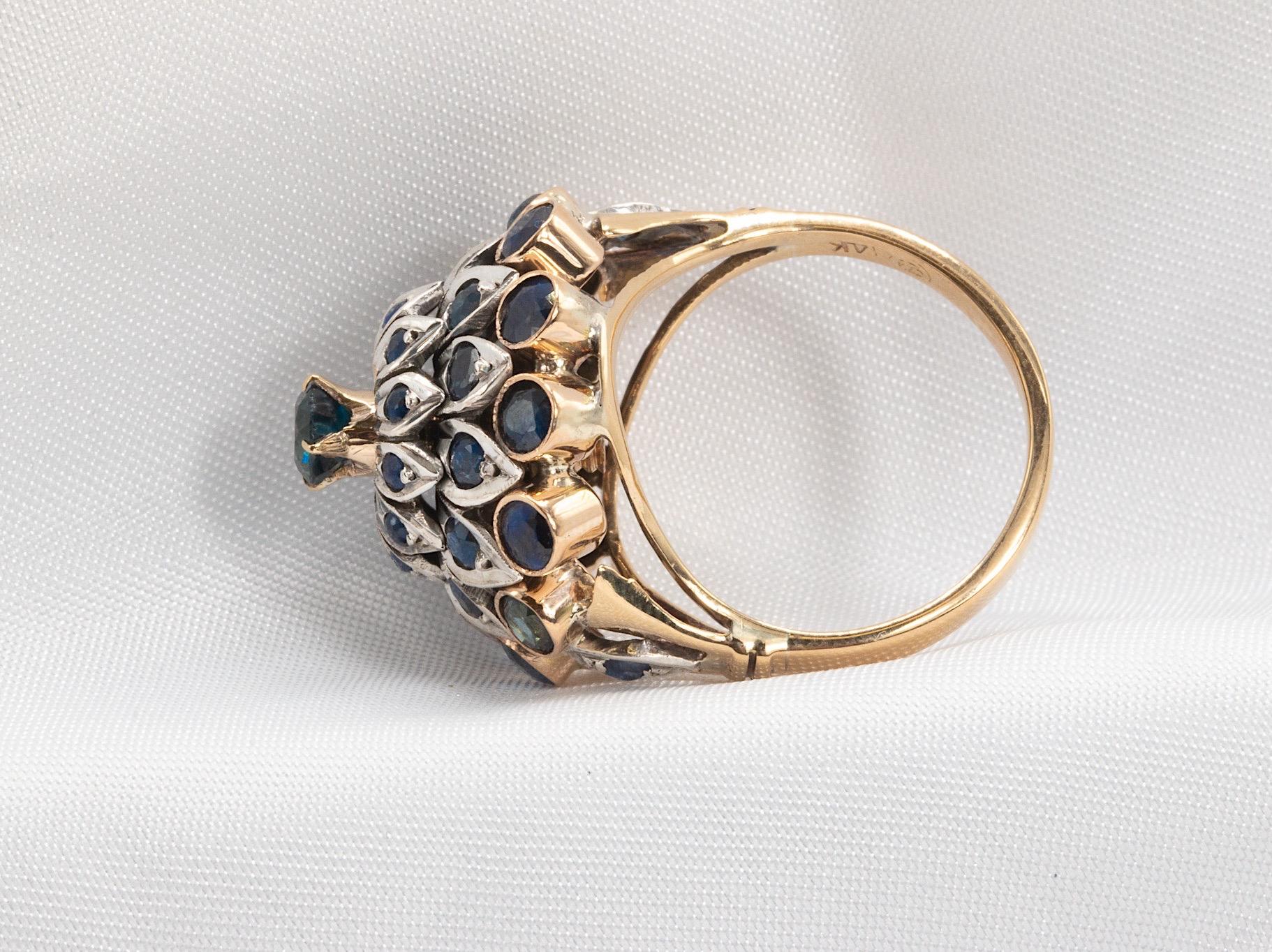Bague vintage en or jaune 14 carats et platine saphir Pour femmes en vente