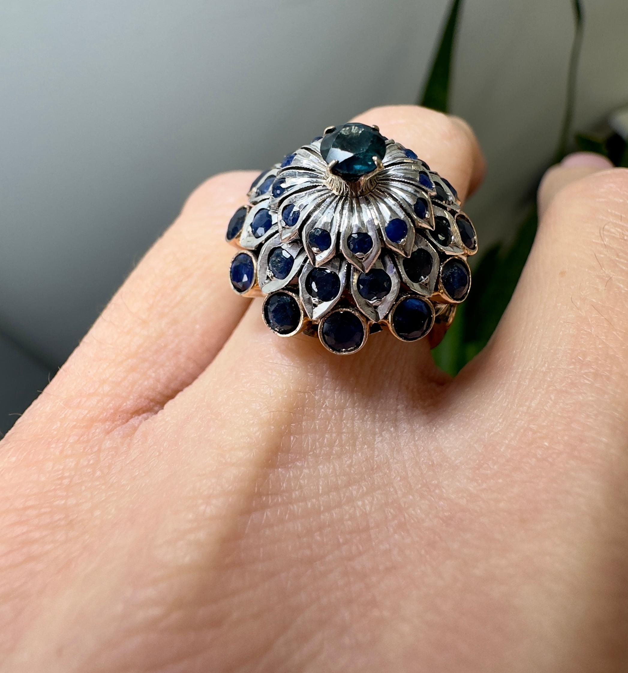 Bague vintage en or jaune 14 carats et platine saphir en vente 3