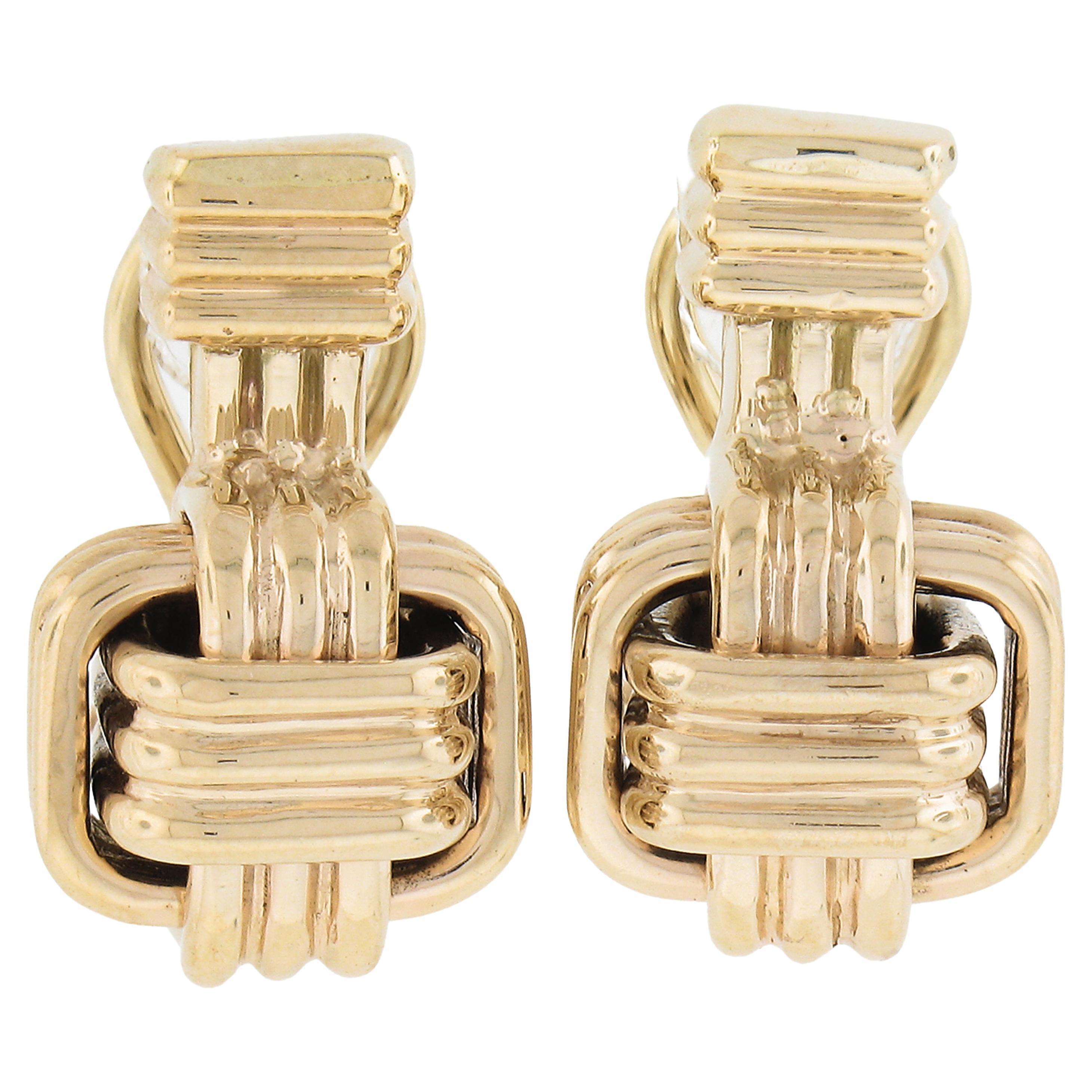 Vintage 14k Yellow Gold Polished Grooved Interlocking Woven Drop Omega Earrings