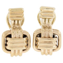Vintage 14k Yellow Gold Polished Grooved Interlocking Woven Drop Omega Earrings