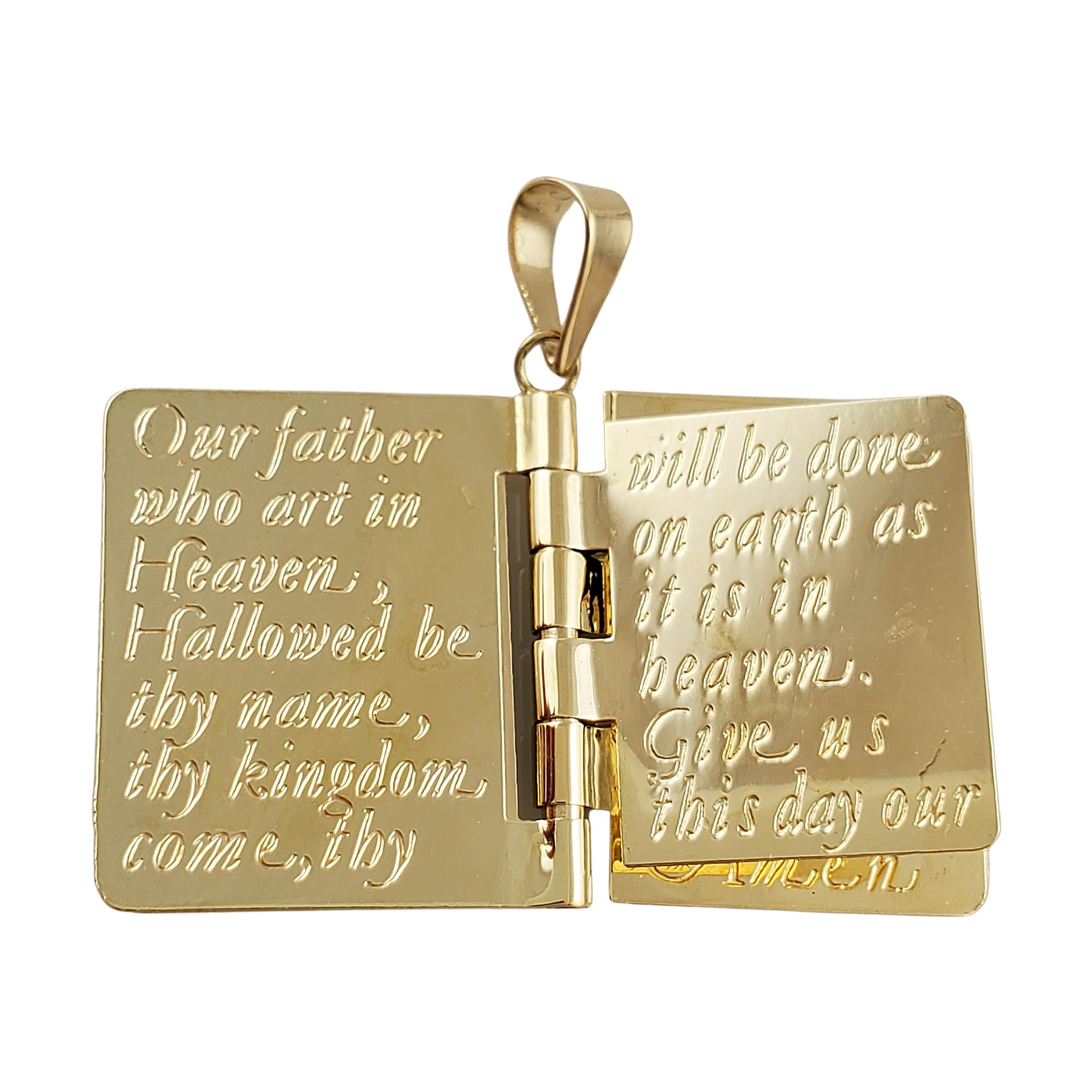 Vintage 14K Yellow Gold Prayer Book Charm

Gorgeous prayer book charm includes 3 mechanical pages which has the Lords Prayer 'Our Father' engraved on them. On the front of this prayer book has a beautifully designed cross and its all made in 14k