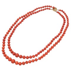 Vintage 14K Yellow Gold Red Coral Graduated Beaded Double Strand Necklace