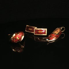 Vintage 14K Yellow Gold Red Enamel Butterfly Motif Ring Slipper Pendant Earrings