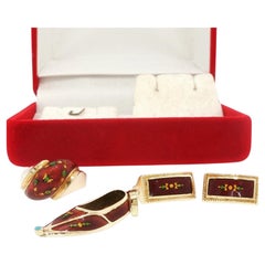 Vintage 14K Yellow Gold Red Enamel Butterfly Motif Ring Slipper Pendant Earrings
