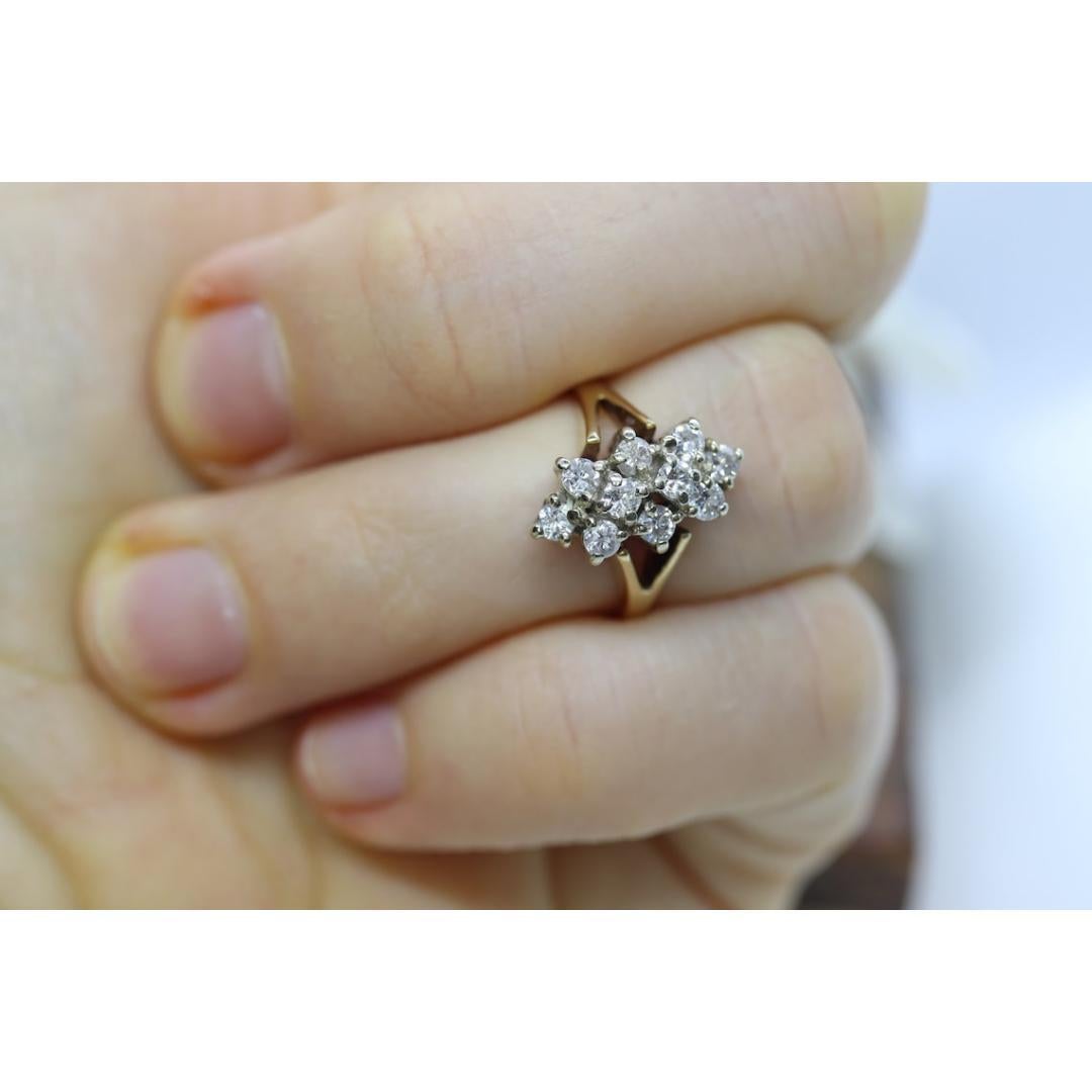 Bague vintage en or jaune 14k. Bague grappe de diamants ronds. Diamant cascade. 0.4 en vente 3