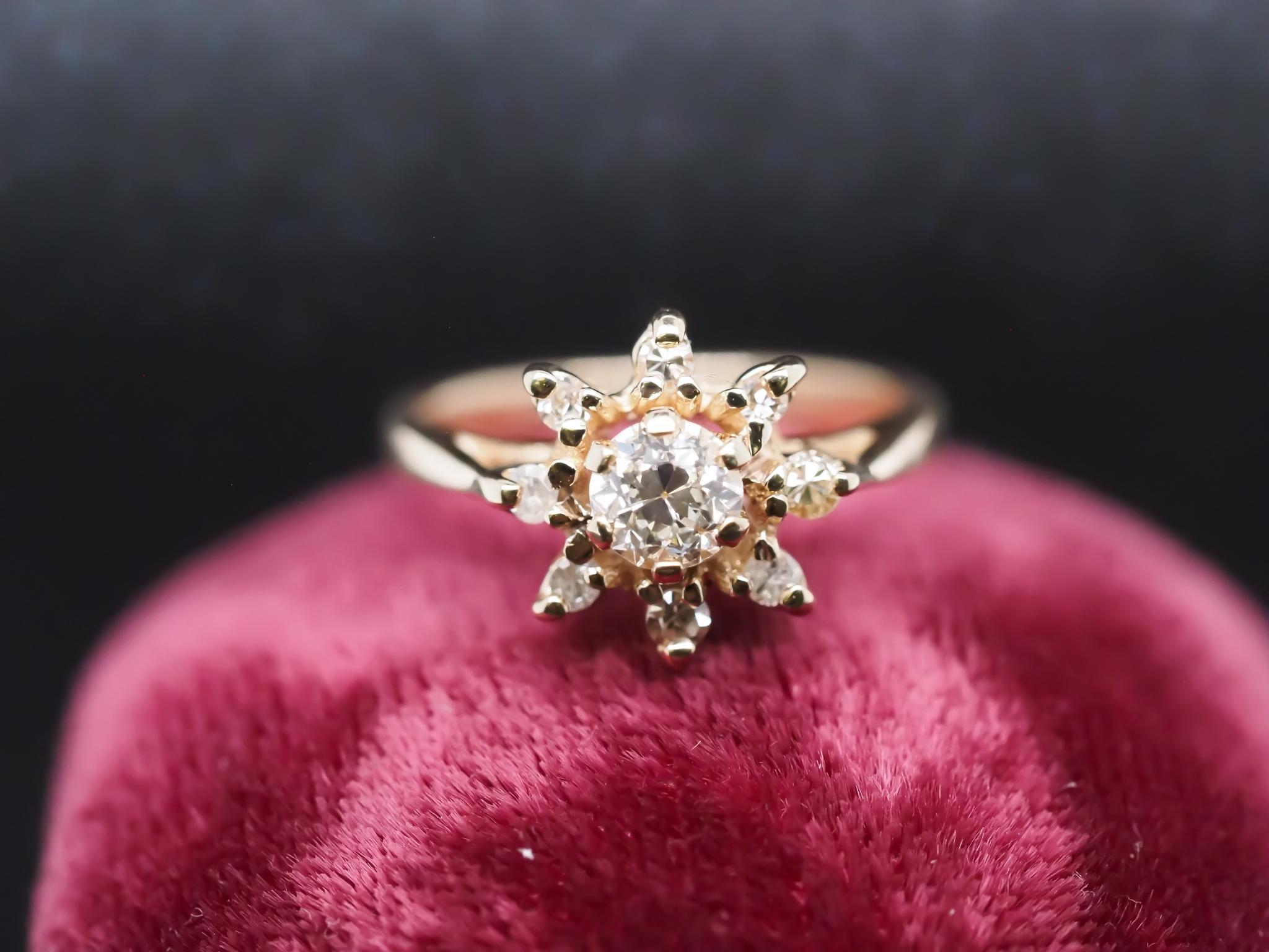 Year: 1970s
Item Details:
Ring Size: 6.25 (Sizable)
Metal Type: 14K Yellow Gold [Hallmarked, and Tested]
Weight: 4.3 grams
Diamond Details: .50ct, Old Mine Brilliant, H Color, VS Clarity. Natural Diamond.
Side Stone Details: Antique Single Cuts,