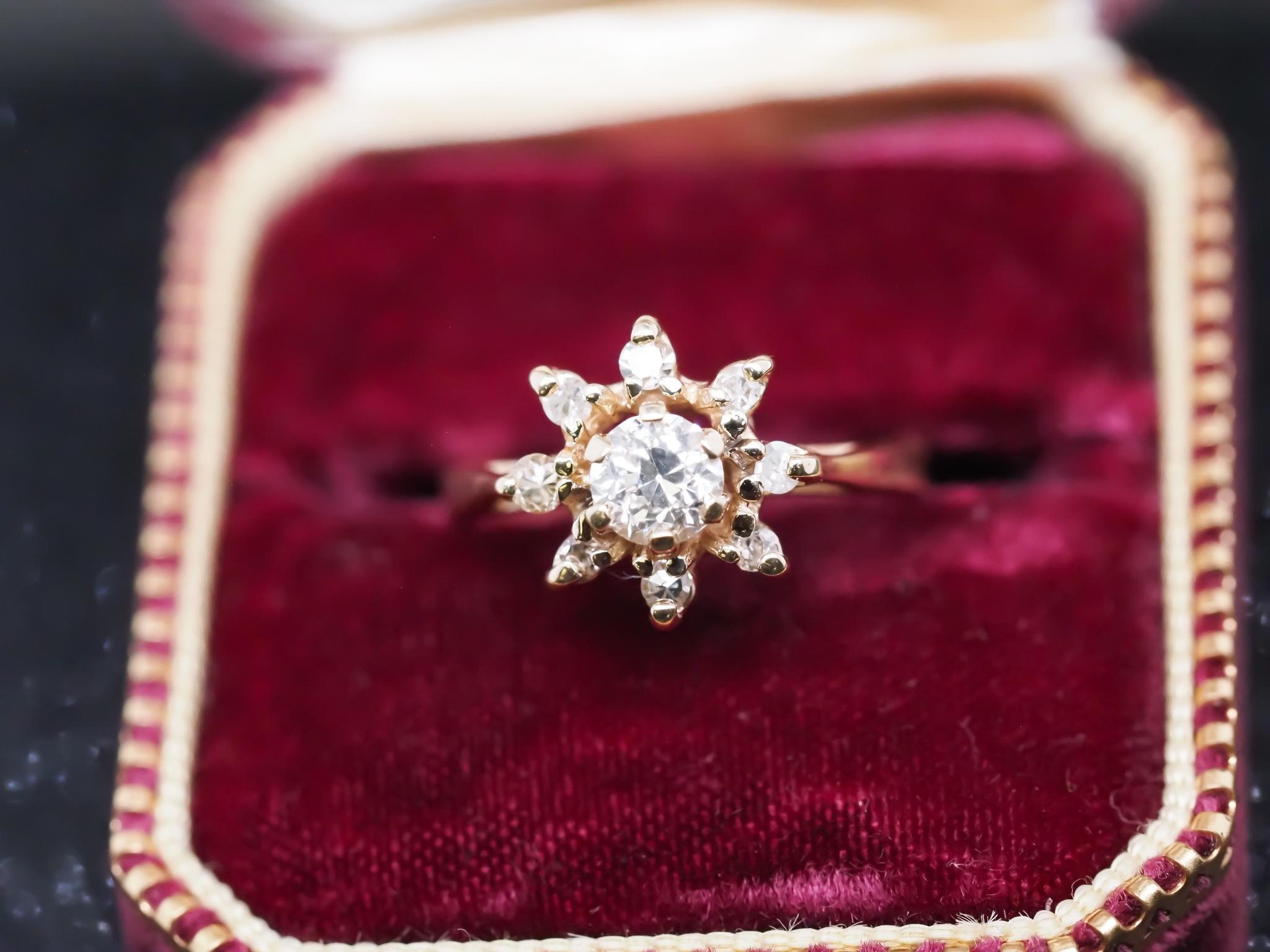Old Mine Cut Vintage 14K Yellow Gold Ring with .50ct center Old Mine Diamond For Sale