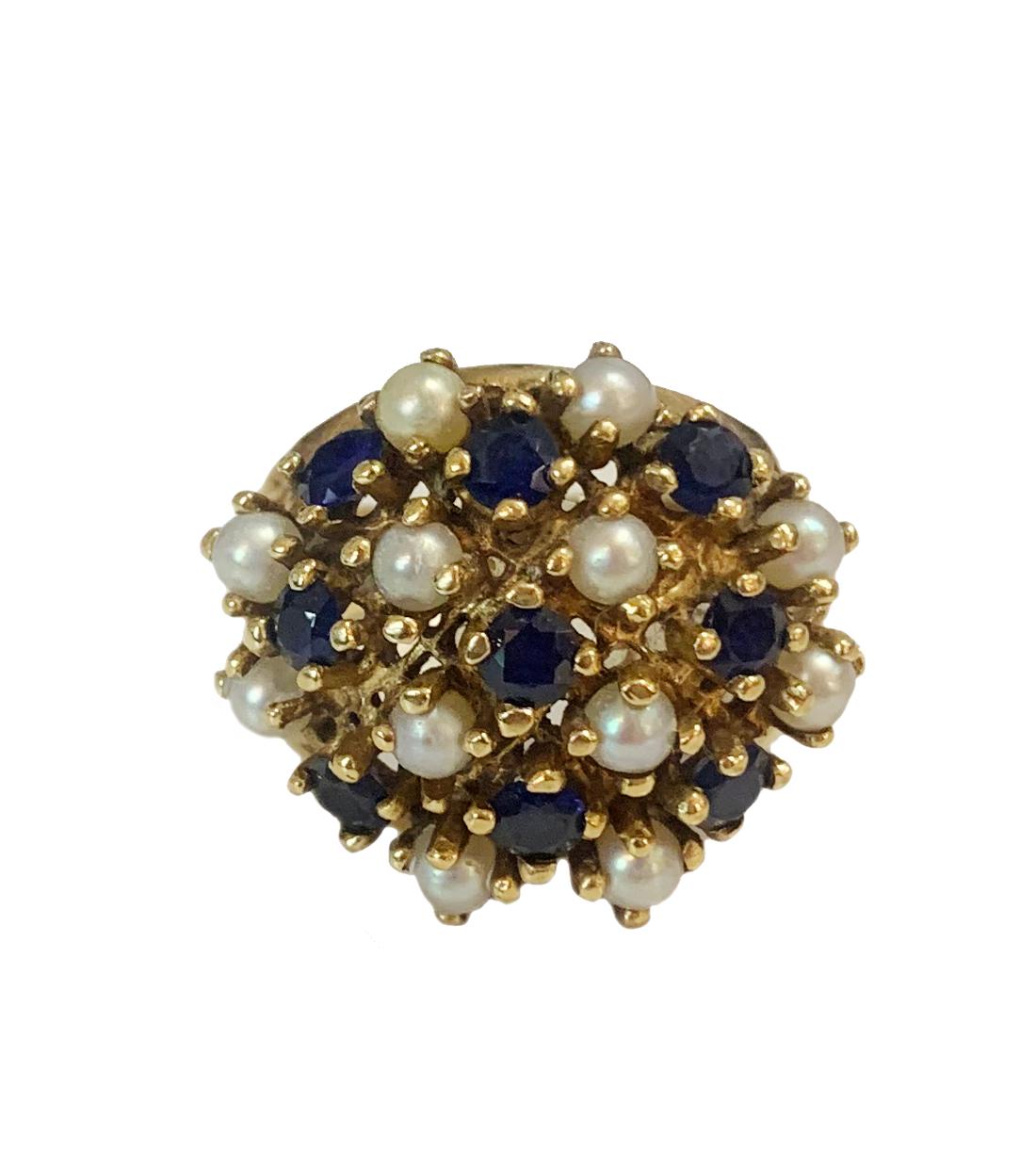 Vintage 14k Yellow Gold Ring with Sapphires & Pearls In Good Condition For Sale In New York, NY