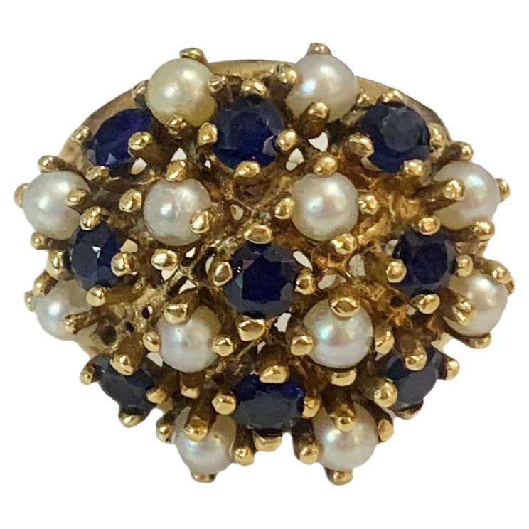 Vintage 14k Yellow Gold Ring with Sapphires & Pearls For Sale