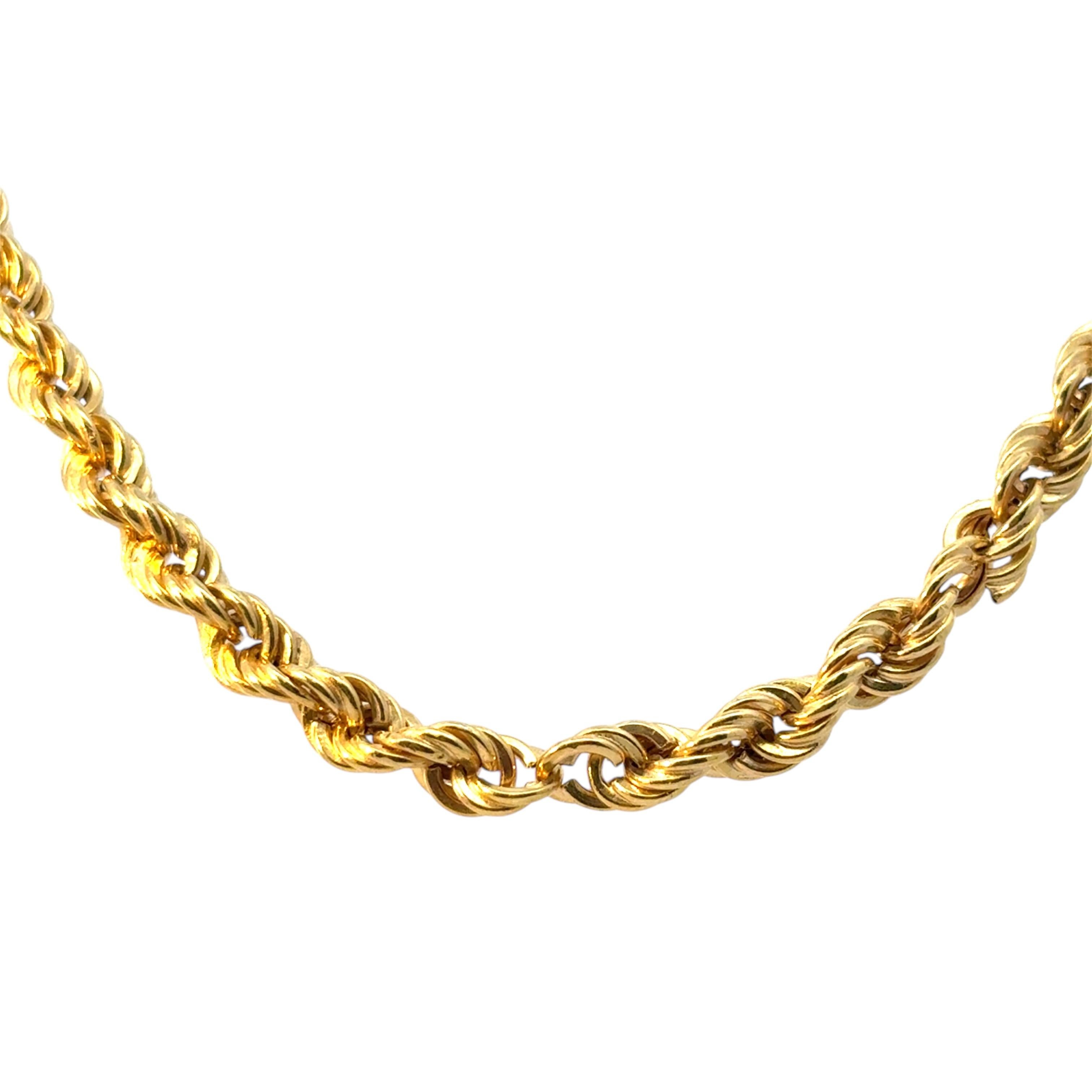 Vintage 14k Yellow Gold Rope Necklace

This stunning vintage 14k Gold Rope Necklace is in excellent condition and is ready to ship!

Necklace Style: Rope Necklace
Material: 14k Yellow Gold
Necklace Clasp: Spring Ring Clasp
Necklace Length: The