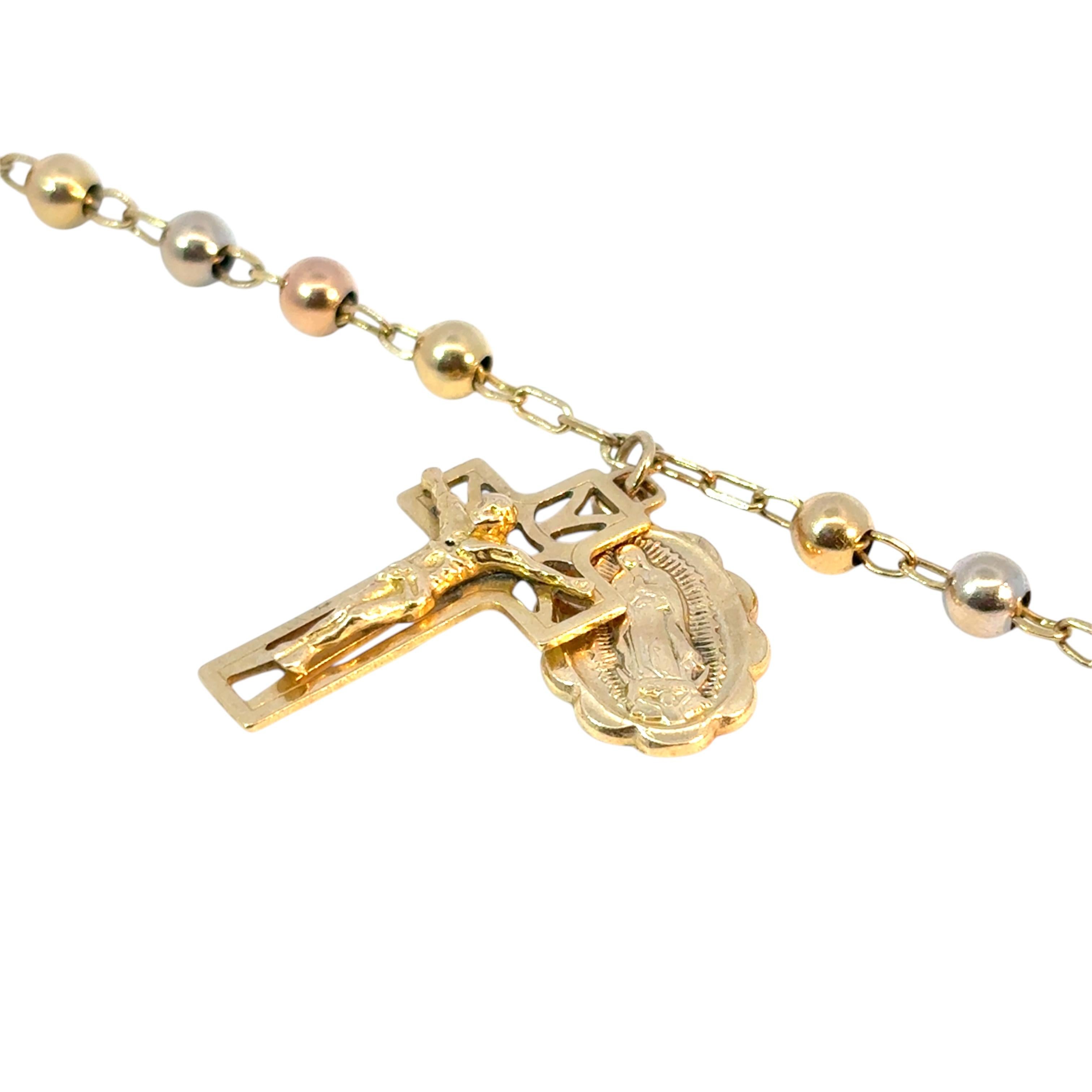 Modern Vintage 14k Yellow Gold Rosary Bracelet Cross Jesus and Mother of Mary Pendants For Sale