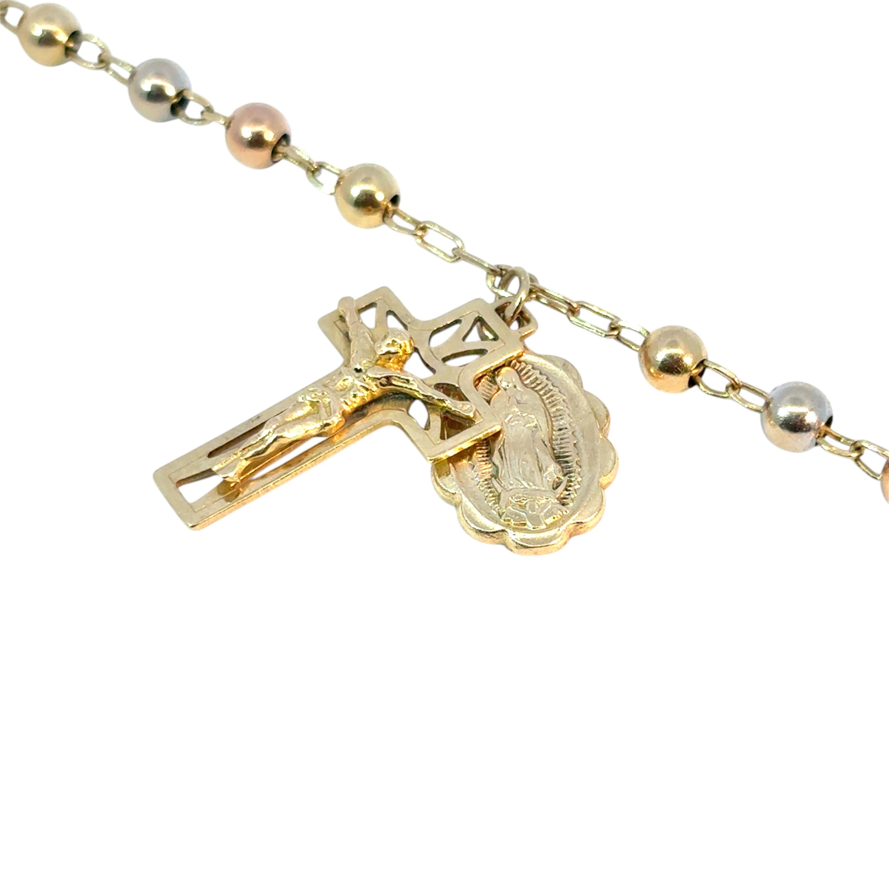 Vintage 14k Yellow Gold Rosary Bracelet Cross Jesus and Mother of Mary Pendants In Excellent Condition For Sale In Boca Raton, FL