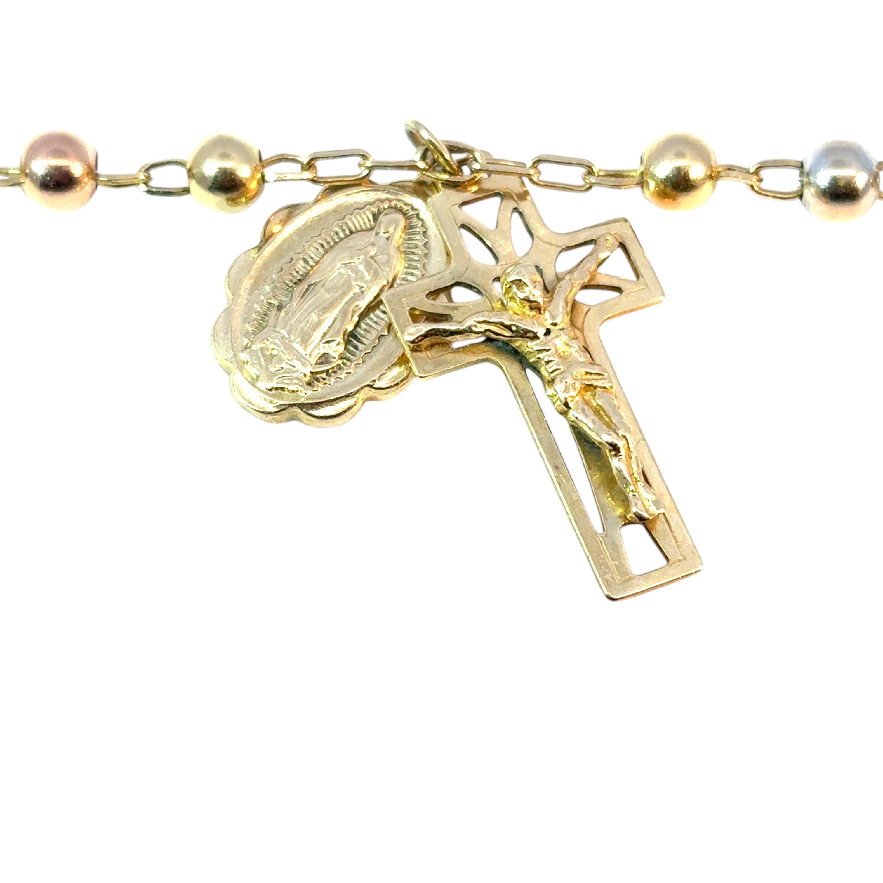 Women's Vintage 14k Yellow Gold Rosary Bracelet Cross Jesus and Mother of Mary Pendants For Sale