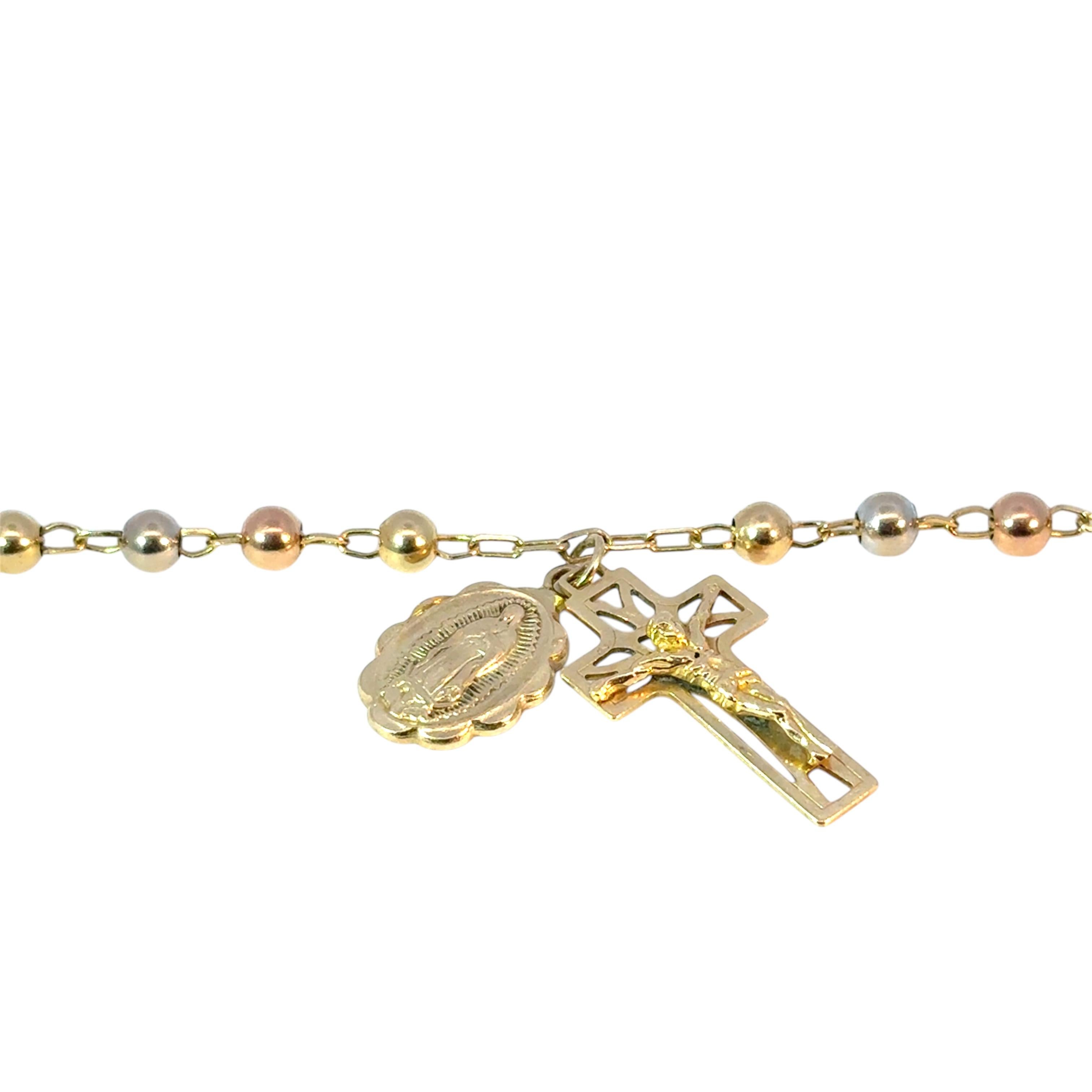 Vintage 14k Yellow Gold Rosary Bracelet Cross Jesus and Mother of Mary Pendants For Sale 1