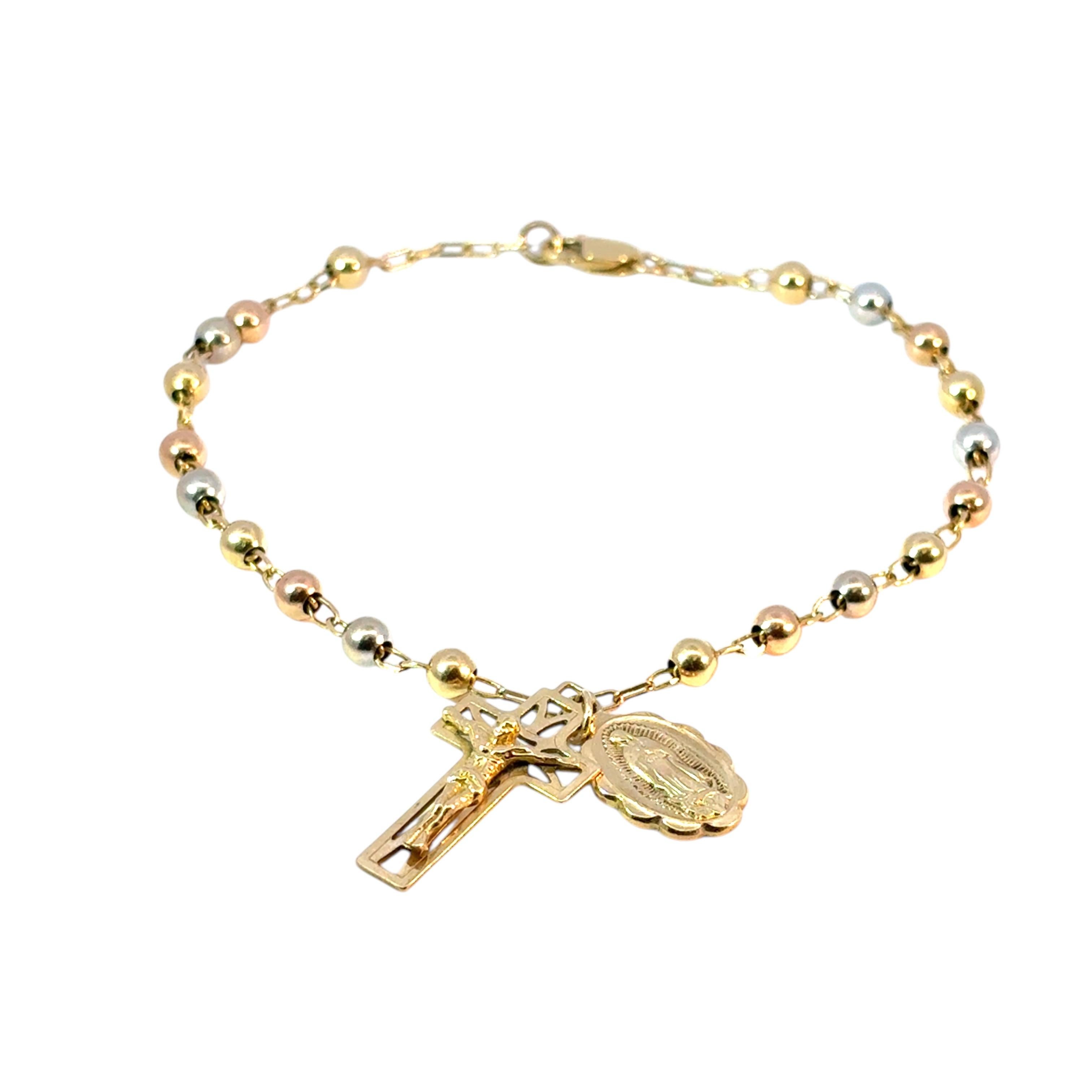 Vintage 14k Yellow Gold Rosary Bracelet Cross Jesus and Mother of Mary Pendants For Sale 2