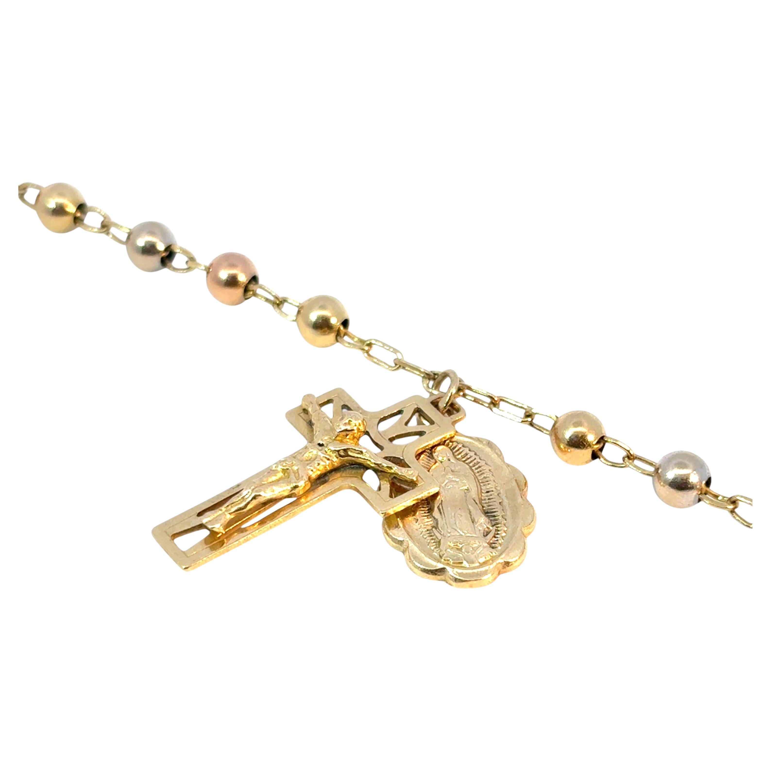 Vintage 14k Yellow Gold Rosary Bracelet Cross Jesus and Mother of Mary Pendants For Sale