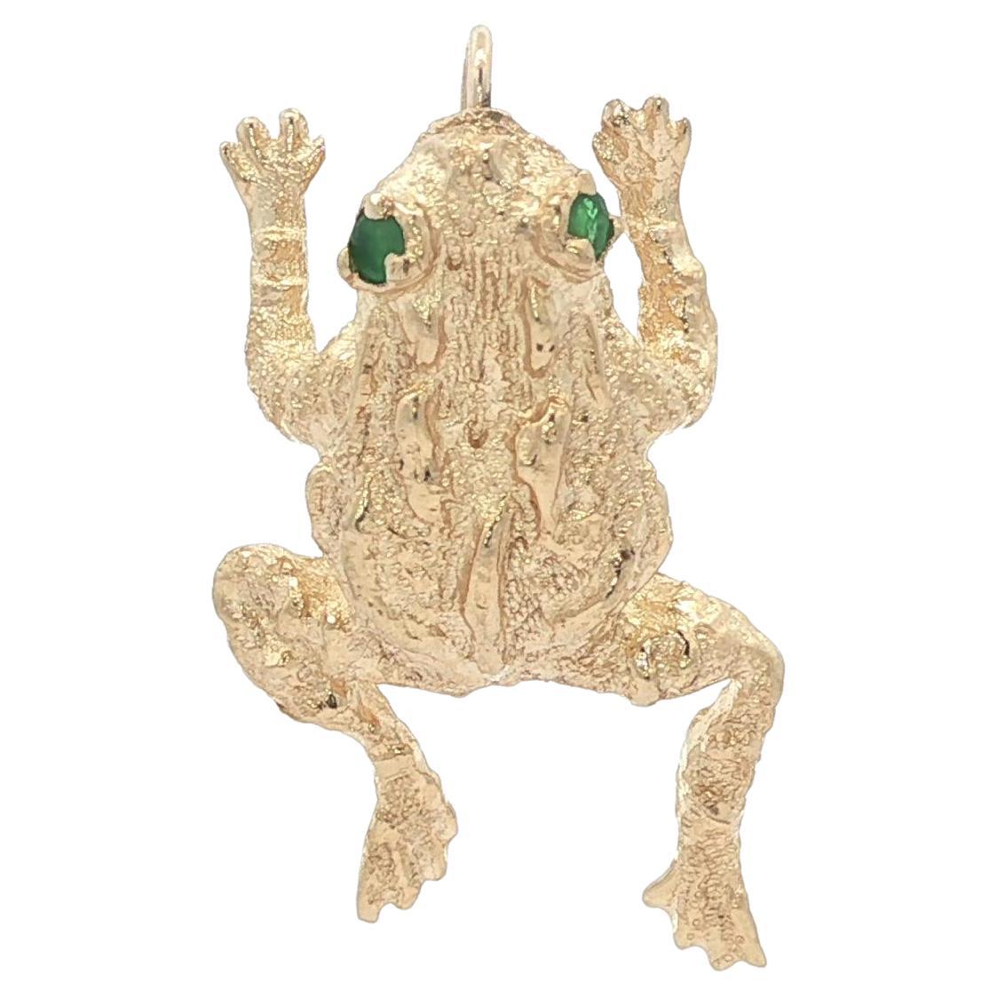 Vintage 14k Yellow Gold Round Emerald Eyes Textured Jumping Frog Pendant Charm