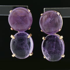 Vintage 14k Yellow Gold Round & Oval Cabochon Cut Amethyst Drop Dangle Earrings