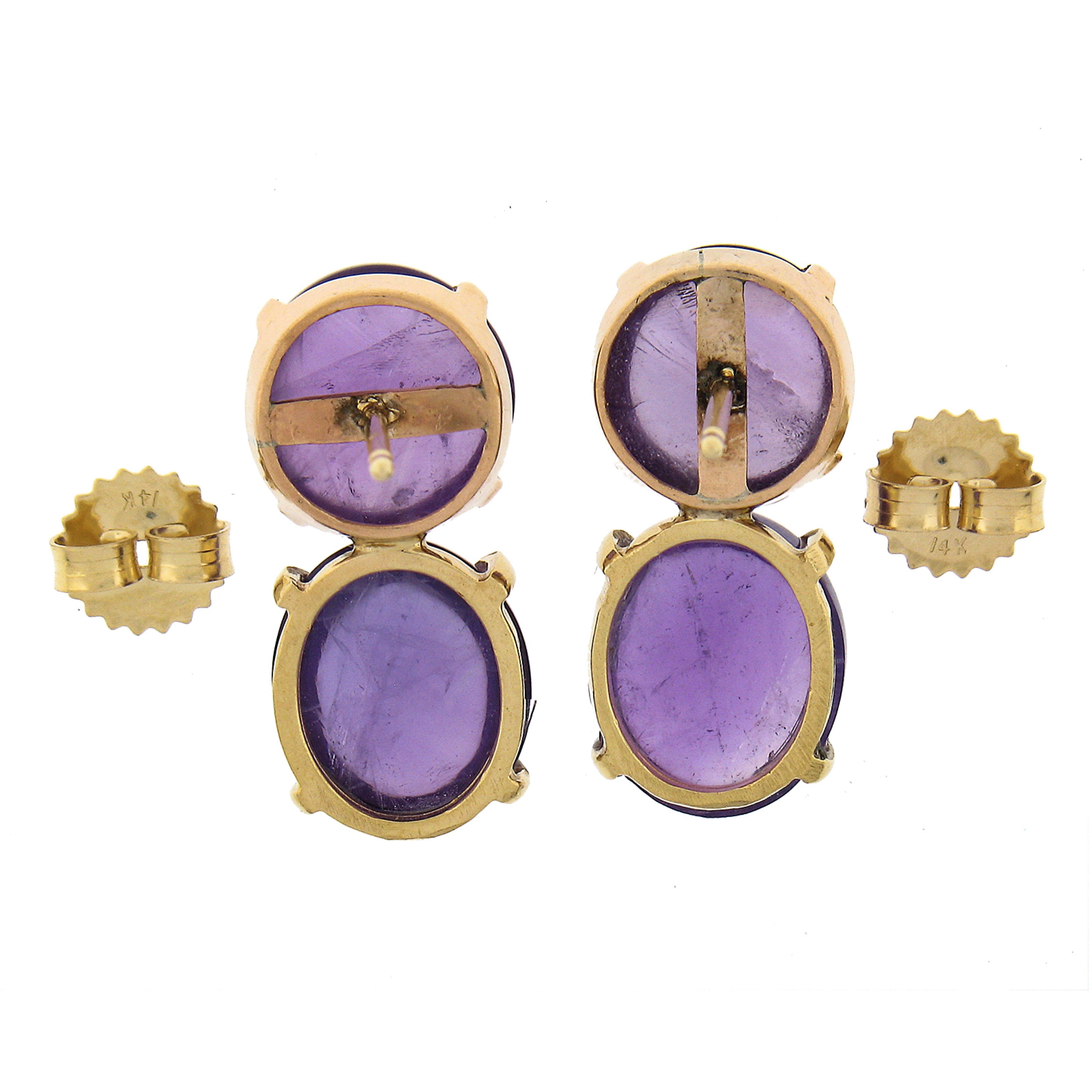 Round Cut Vintage 14k Yellow Gold Round & Oval Cabochon Cut Amethyst Drop Dangle Earrings For Sale
