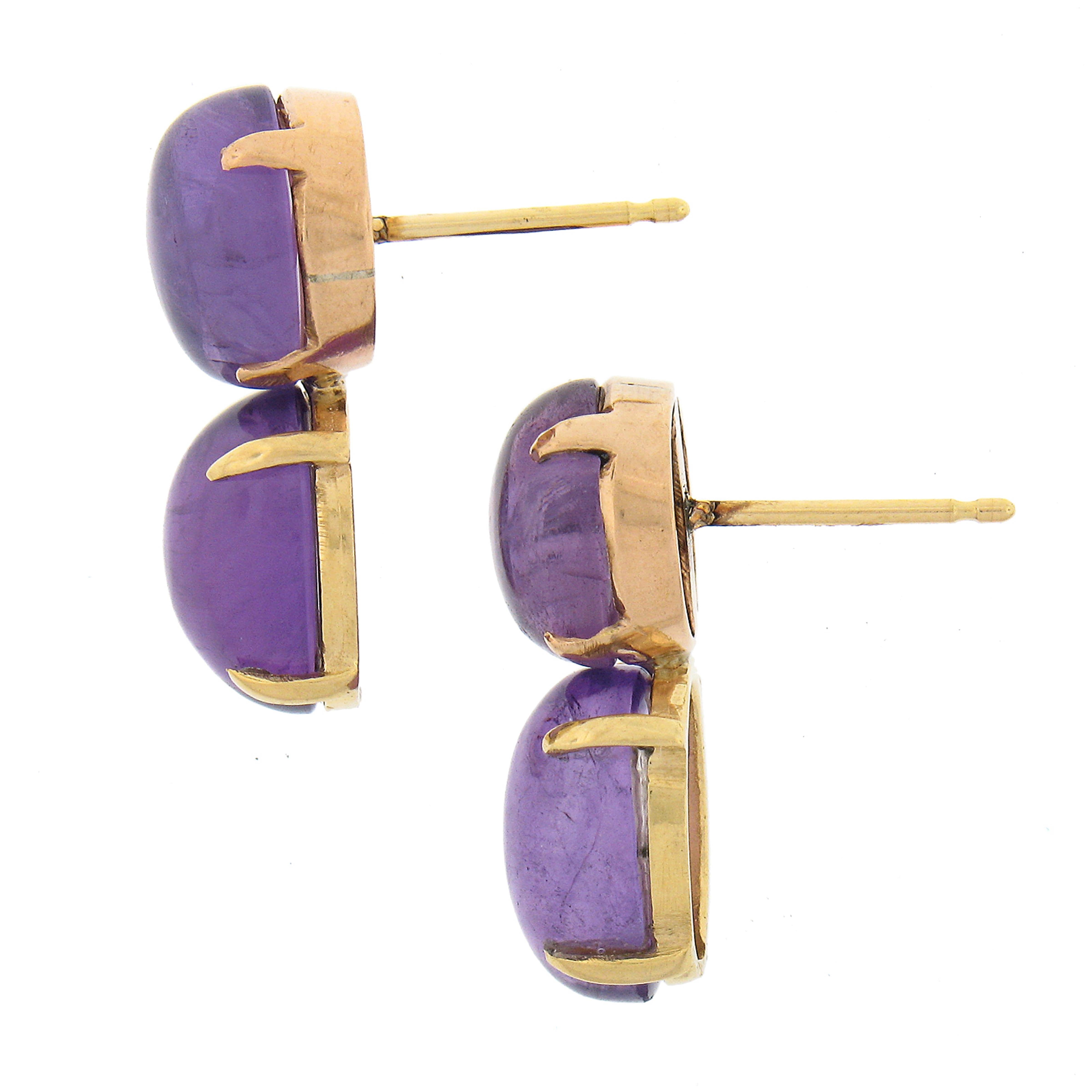 Vintage 14k Yellow Gold Round & Oval Cabochon Cut Amethyst Drop Dangle Earrings In Good Condition For Sale In Montclair, NJ