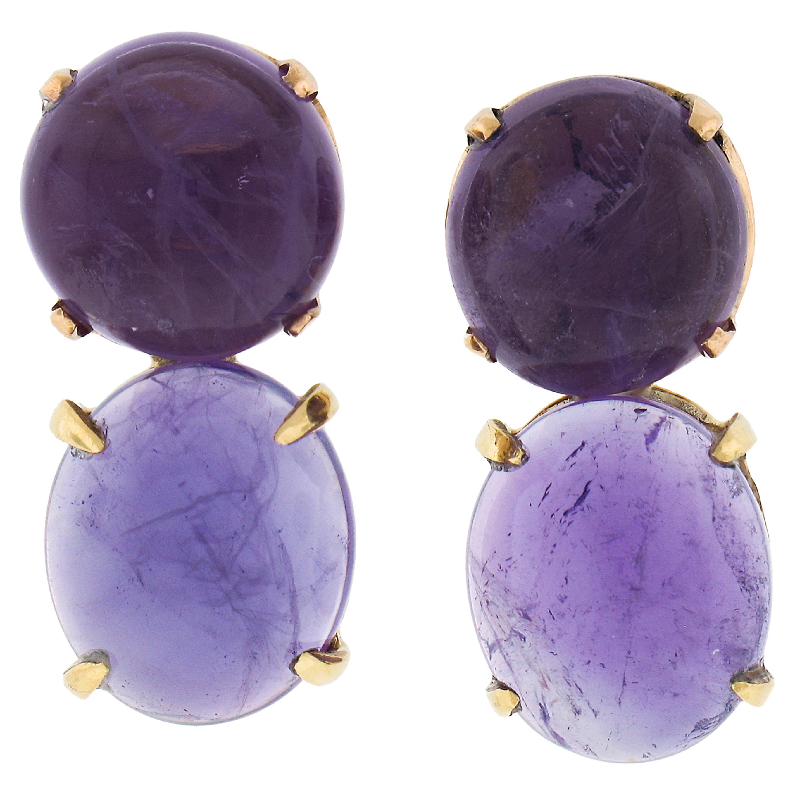 Vintage 14k Yellow Gold Round & Oval Cabochon Cut Amethyst Drop Dangle Earrings For Sale