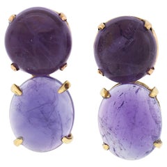 Vintage 14k Yellow Gold Round & Oval Cabochon Cut Amethyst Drop Dangle Earrings
