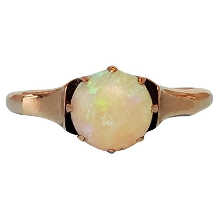 Vintage 14k Yellow Gold Round White Opal Crown Solitaire Engagement Ring For Sale