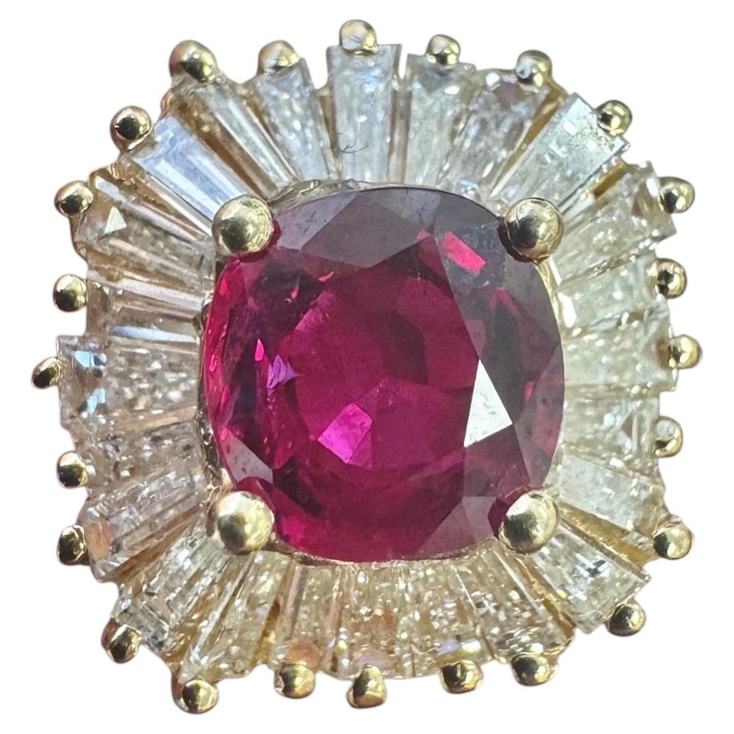 Vintage 14K Yellow Gold Ruby and Baguette Diamond Halo Ring