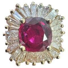 Vintage 14K Yellow Gold Ruby and Baguette Diamond Halo Ring