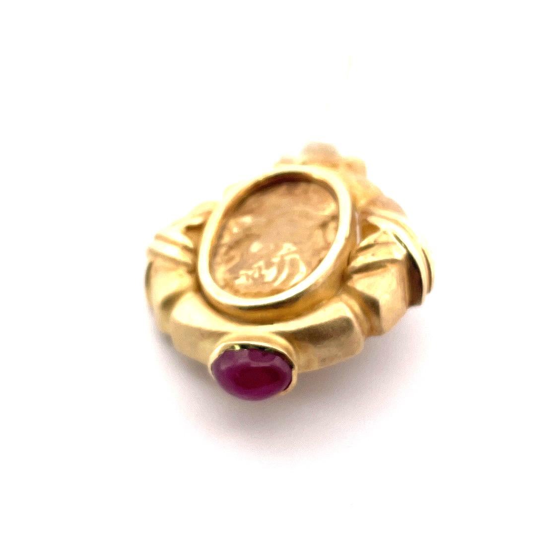 Victorian Vintage 14k Yellow Gold Ruby and Cultured Pearl Cameo Stick Pin For Sale