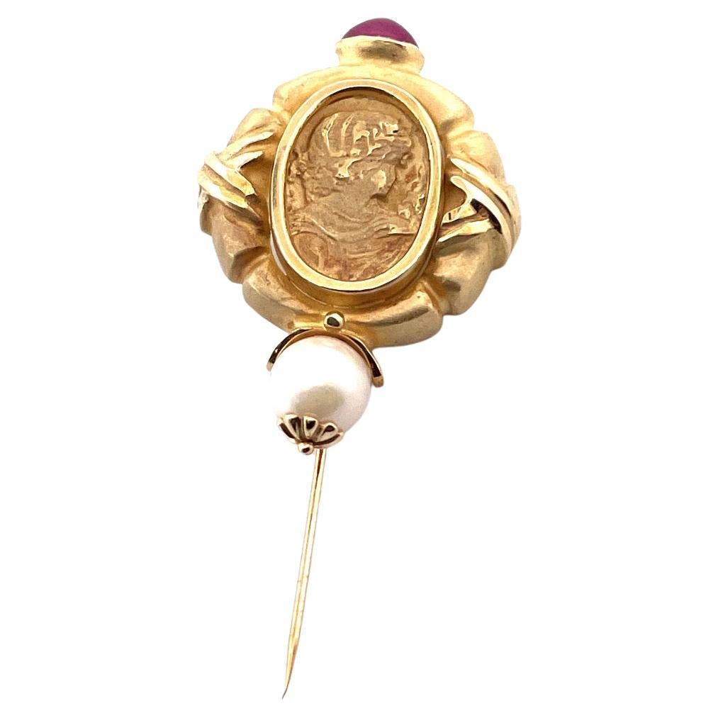 Vintage 14k Yellow Gold Ruby and Cultured Pearl Cameo Stick Pin For Sale