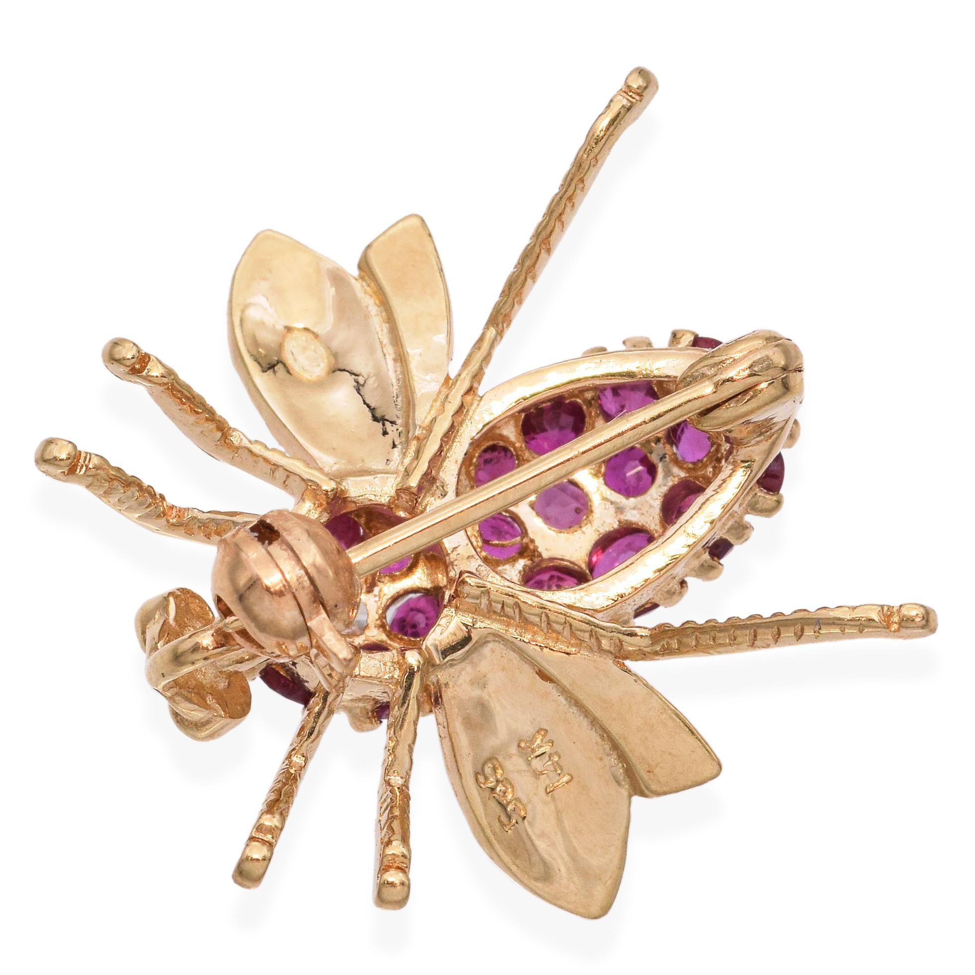 Women's Vintage 14k Yellow Gold Ruby and Diamond Bee Brooch For Sale