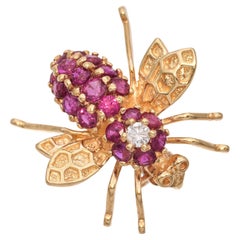 Vintage 14k Yellow Gold Ruby and Diamond Bee Brooch