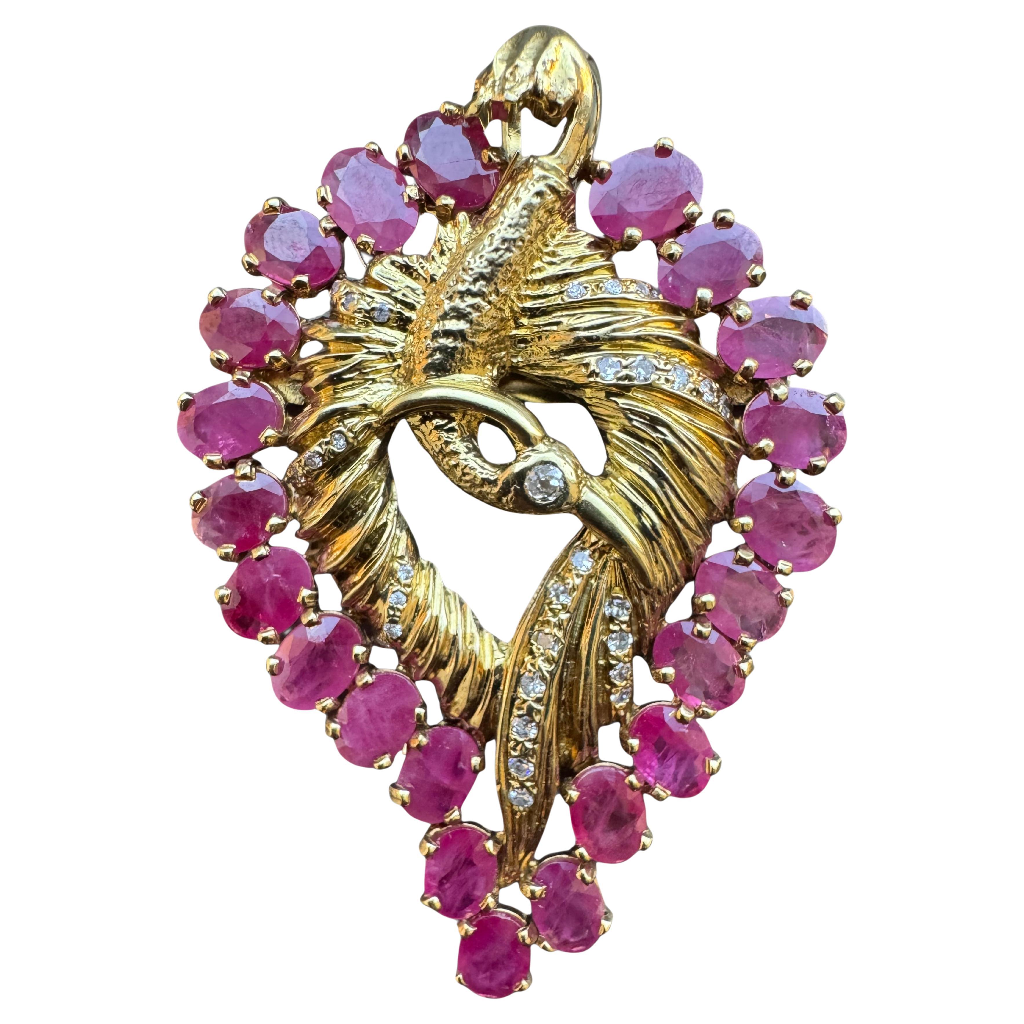 Vintage 14K Gelbgold Rubin und Diamant Vogel Brosche/Anhänger