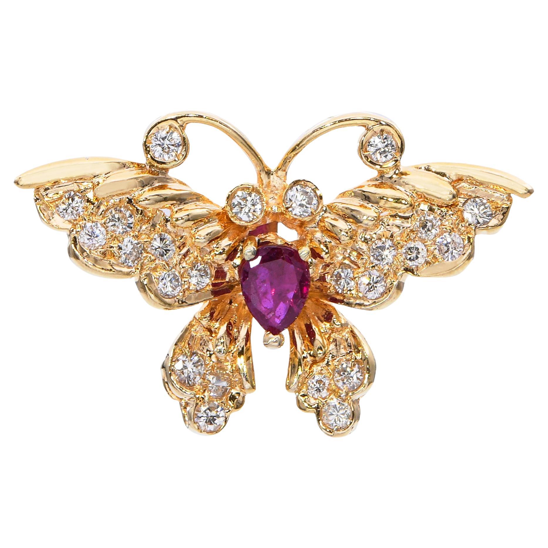 Vintage 14k Yellow Gold Ruby and Diamond Butterfly Pendant