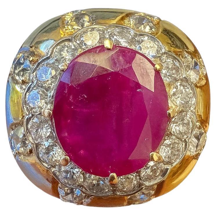 Bague cocktail vintage en or jaune 14K avec rubis et diamants